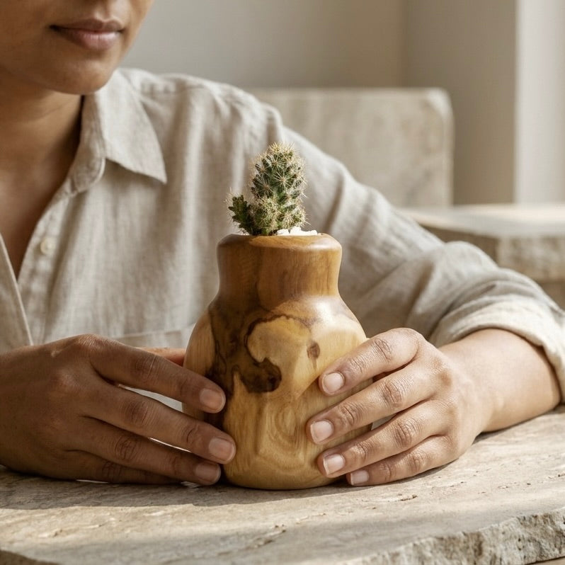 Teak Curved Cactus Pot with Natural Finish for Stylish Plant Display