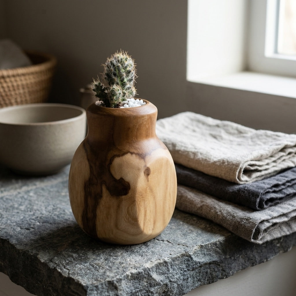 Teak Curved Cactus Pot with natural wood finish for stylish decor