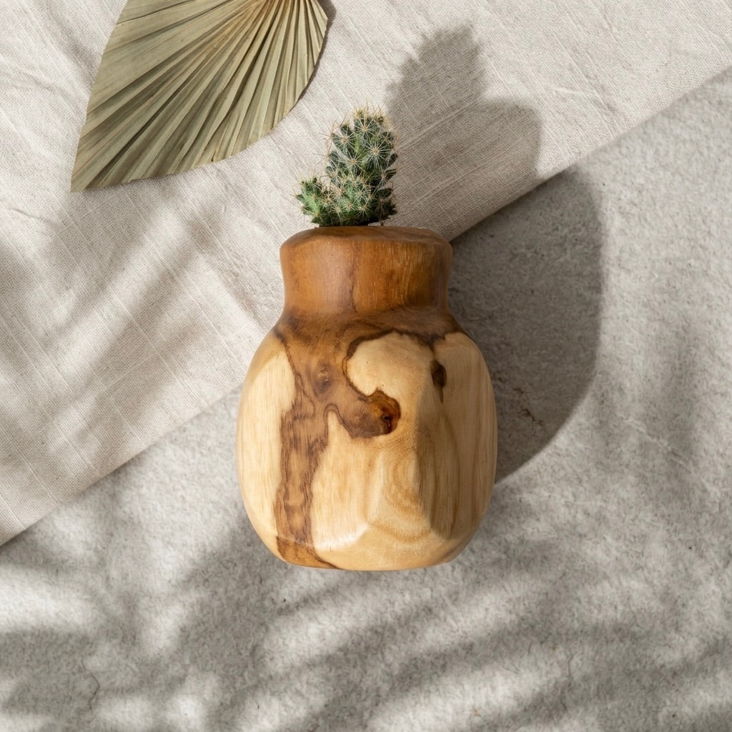 Teak Curved Cactus Pot with natural wood finish for stylish home decor