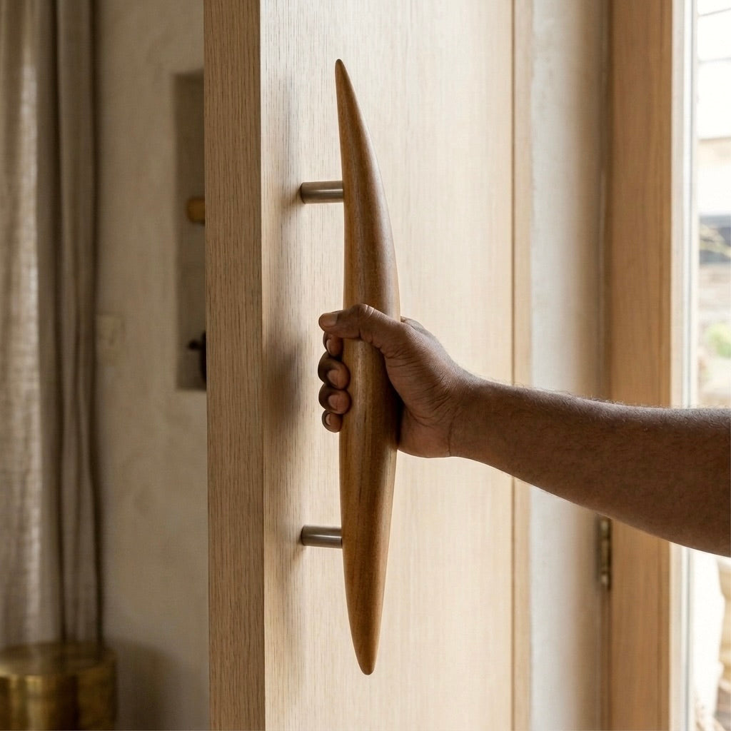 Teak Wood Door Pull Handle in a natural finish for elegant door access