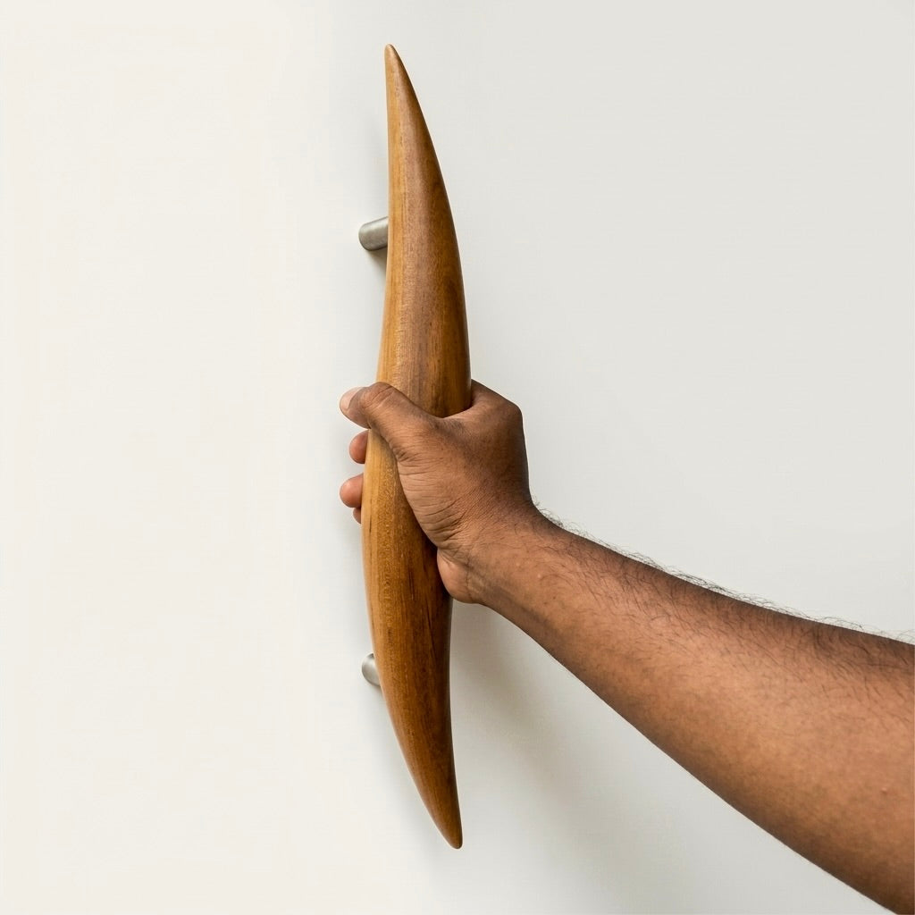 Wood Door Pull Handle in teak with a sleek design for stylish entryways