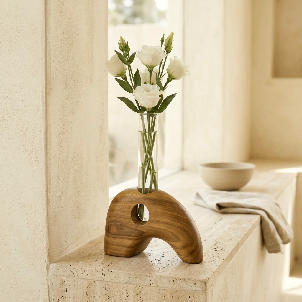 Teak Elephant Vase with clear glass test tube and white flowers