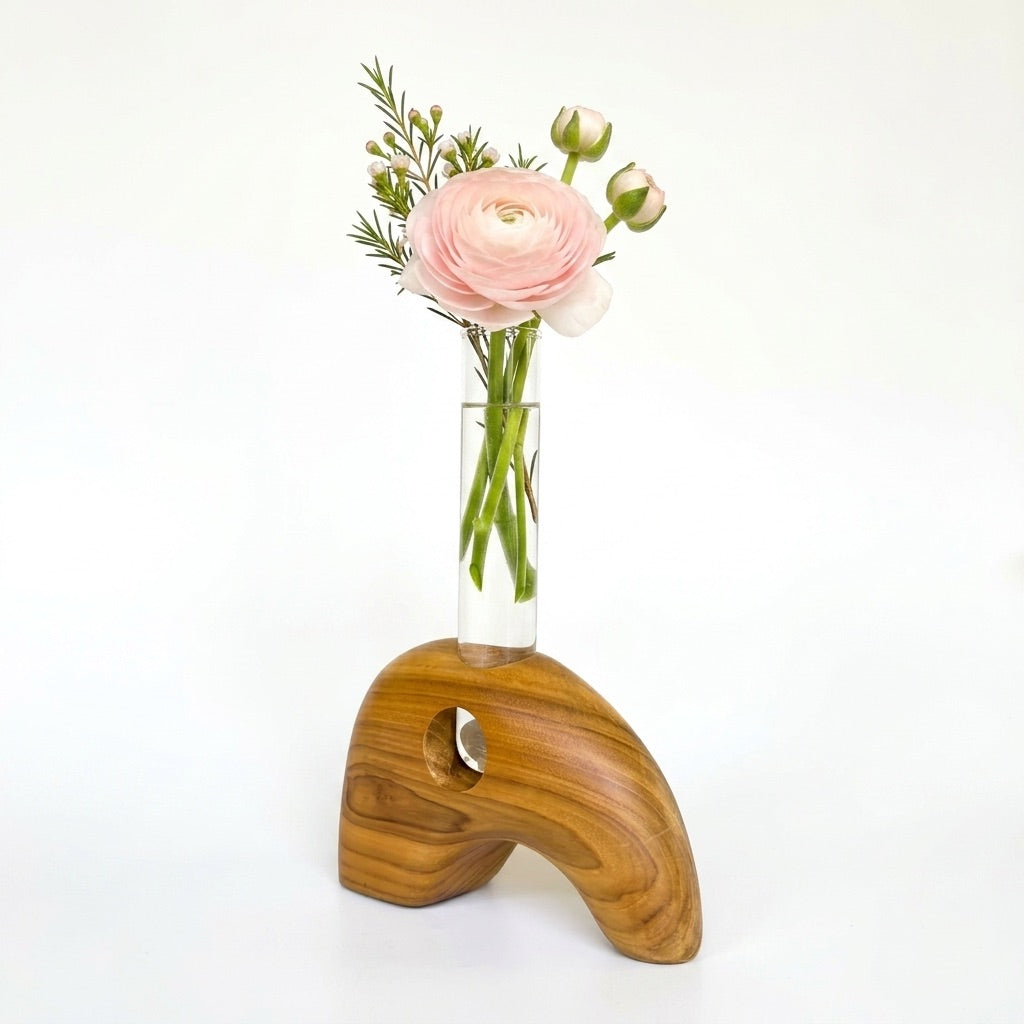 Teak Elephant Vase featuring a glass test tube for flower arrangements