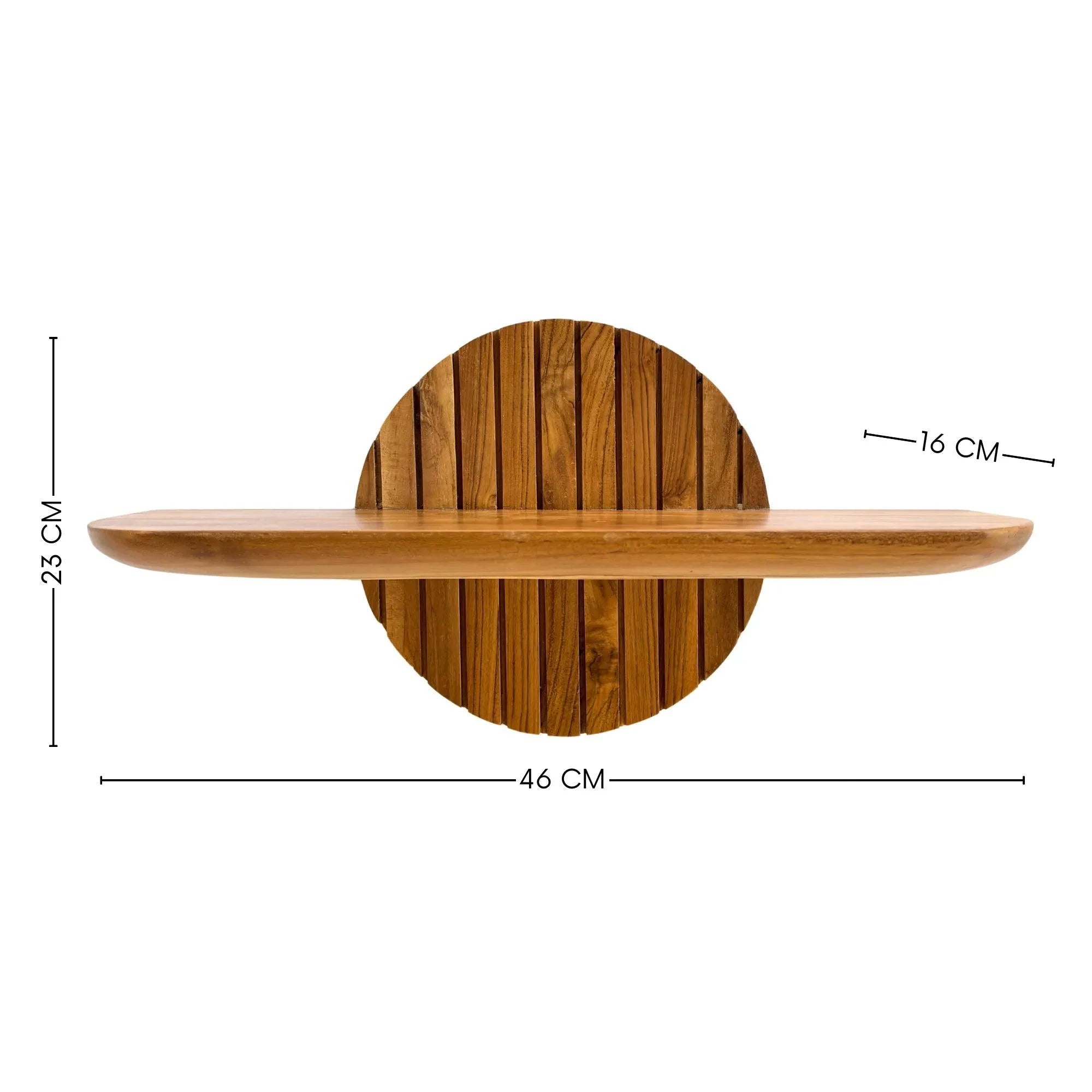Wood Ceylon teak floating plant shelf with round back panel and smooth wooden surface