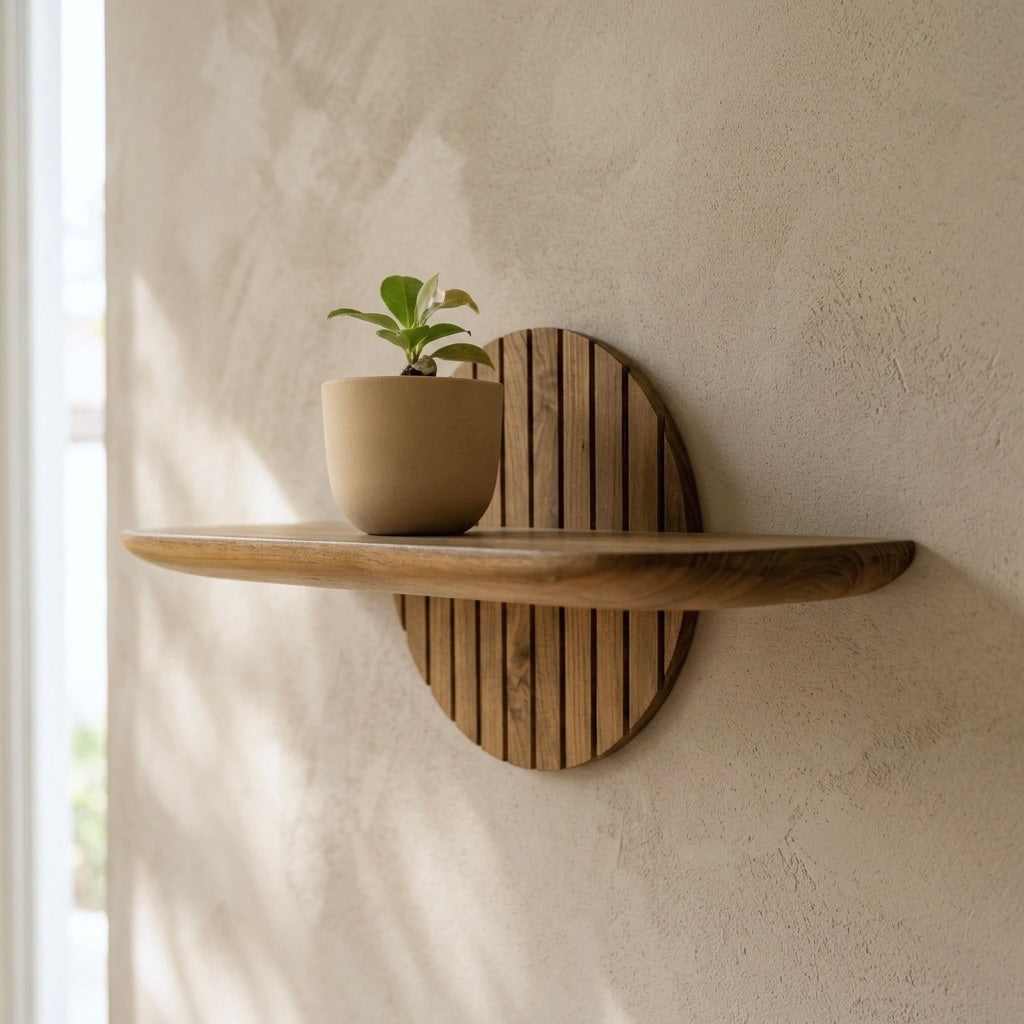 Teak floating plant shelf with natural finish and potted plant
