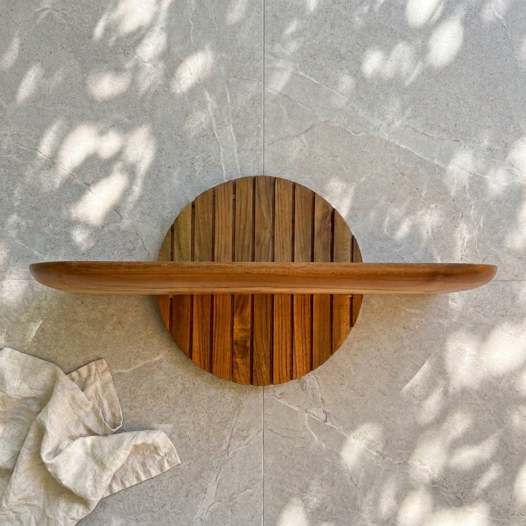 Teak floating plant shelf in circular design for stylish decor