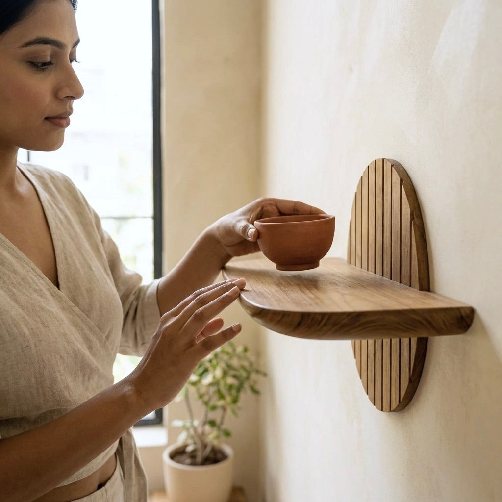 Teak floating plant shelf in natural finish for decorative use