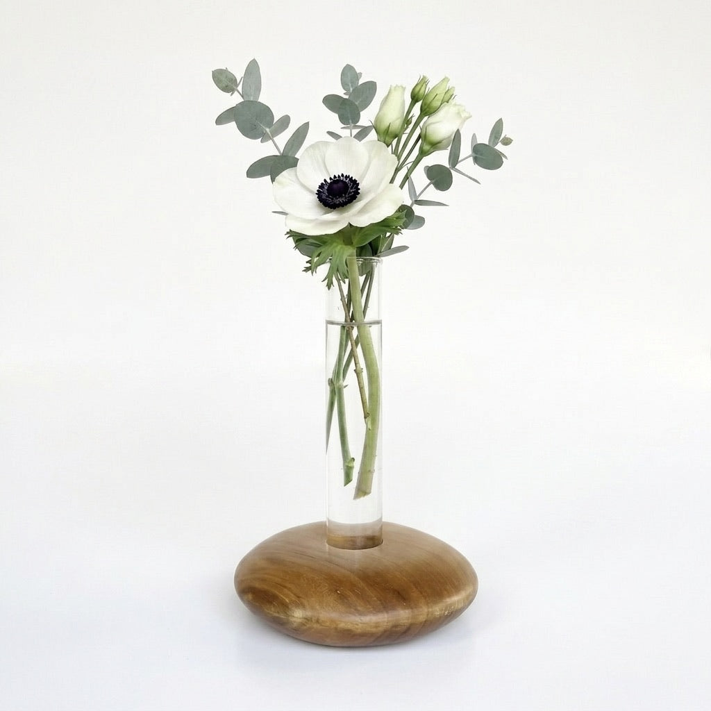 Wood Ceylon Teak Pebble Vase with transparent test tube and fresh flowers