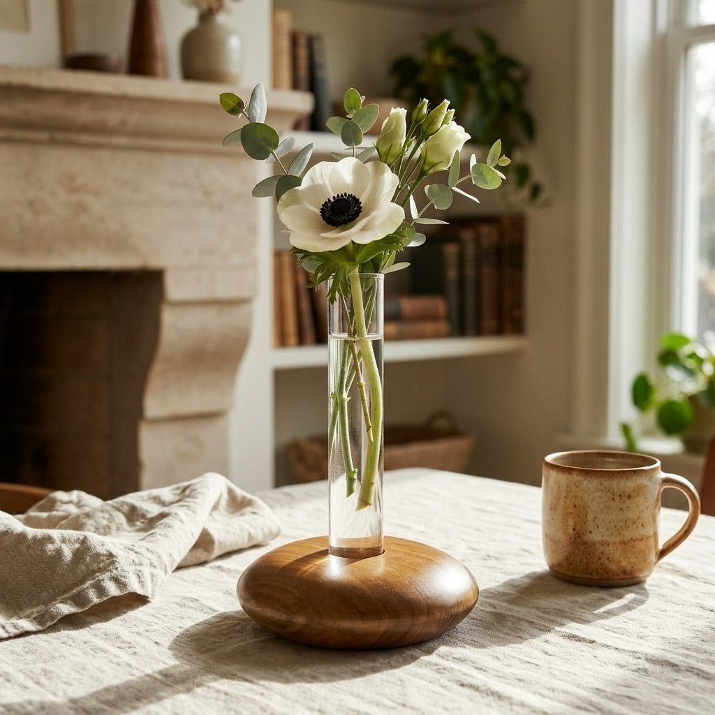 Teak Pebble Vase with glass test tube and floral arrangement