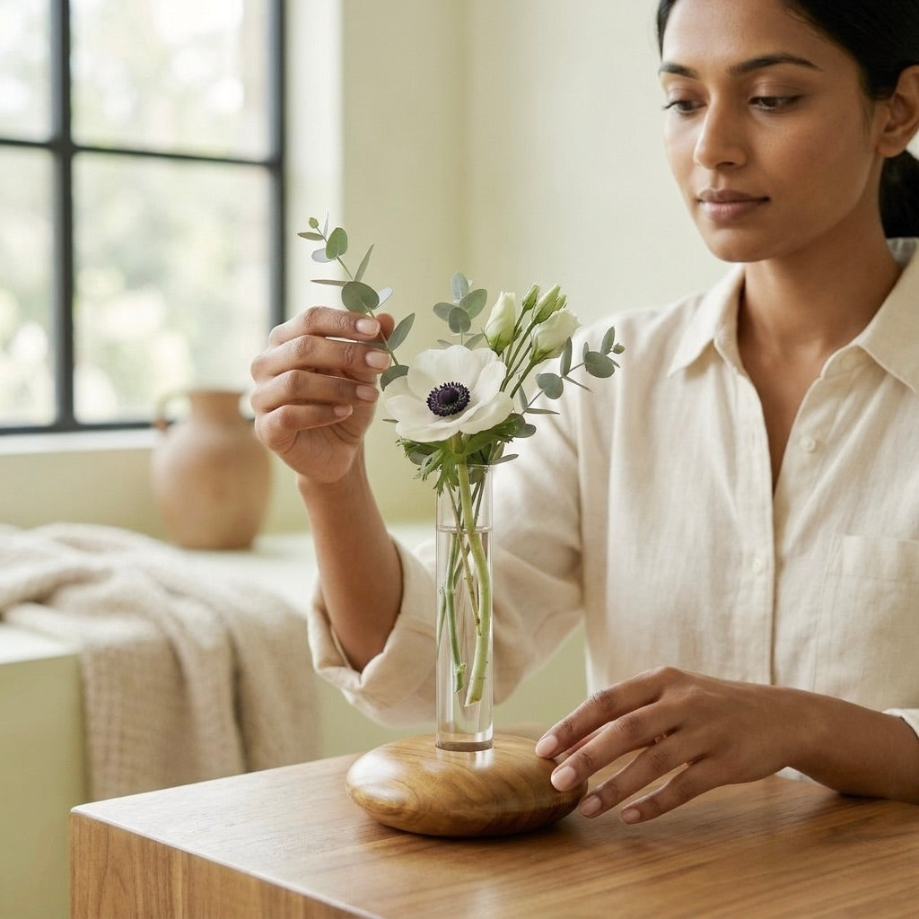 Teak Pebble Vase with clear test tube, perfect for showcasing fresh flowers