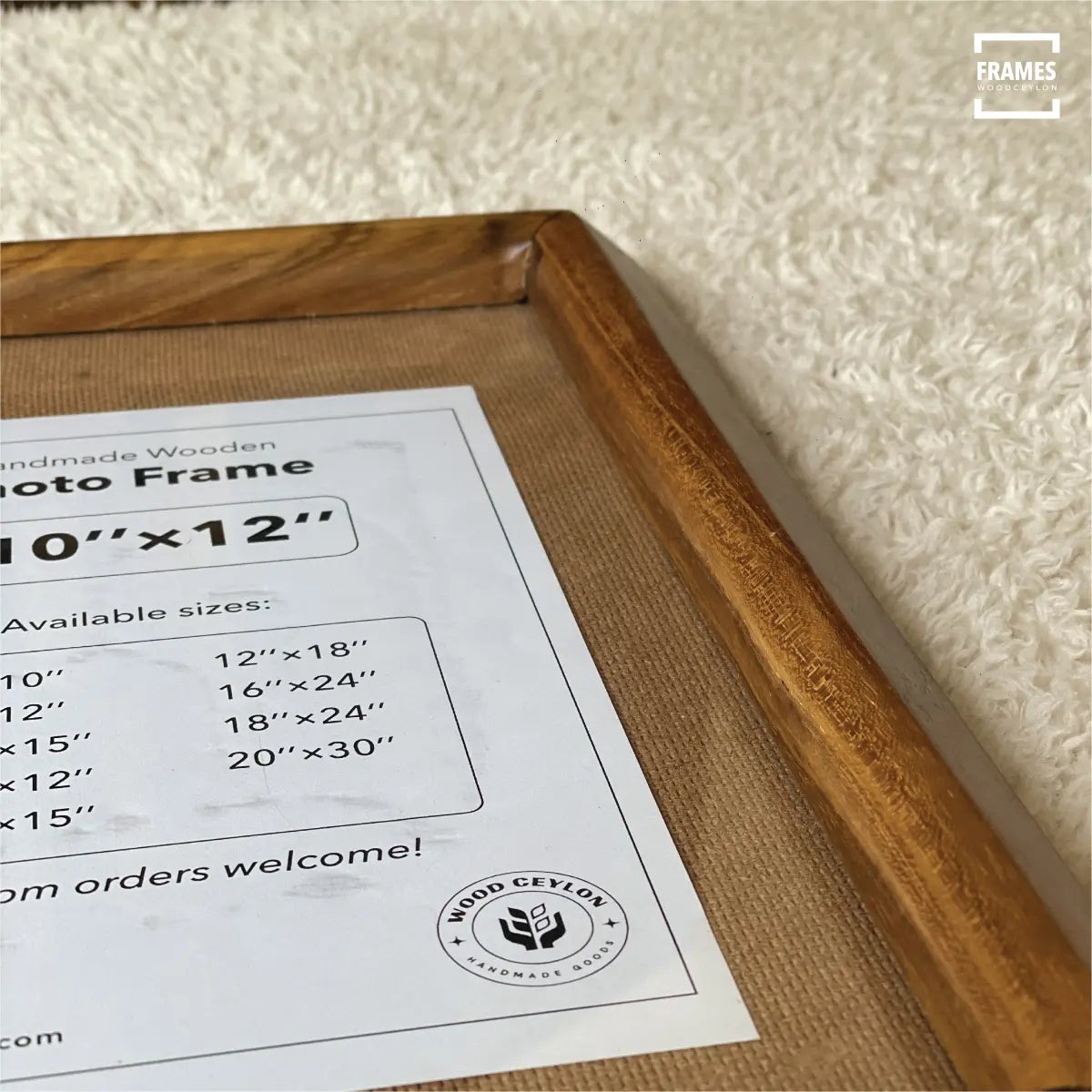 Handcrafted teak picture frame by Wood Ceylon, ideal for 10x12 inch photos with natural finish