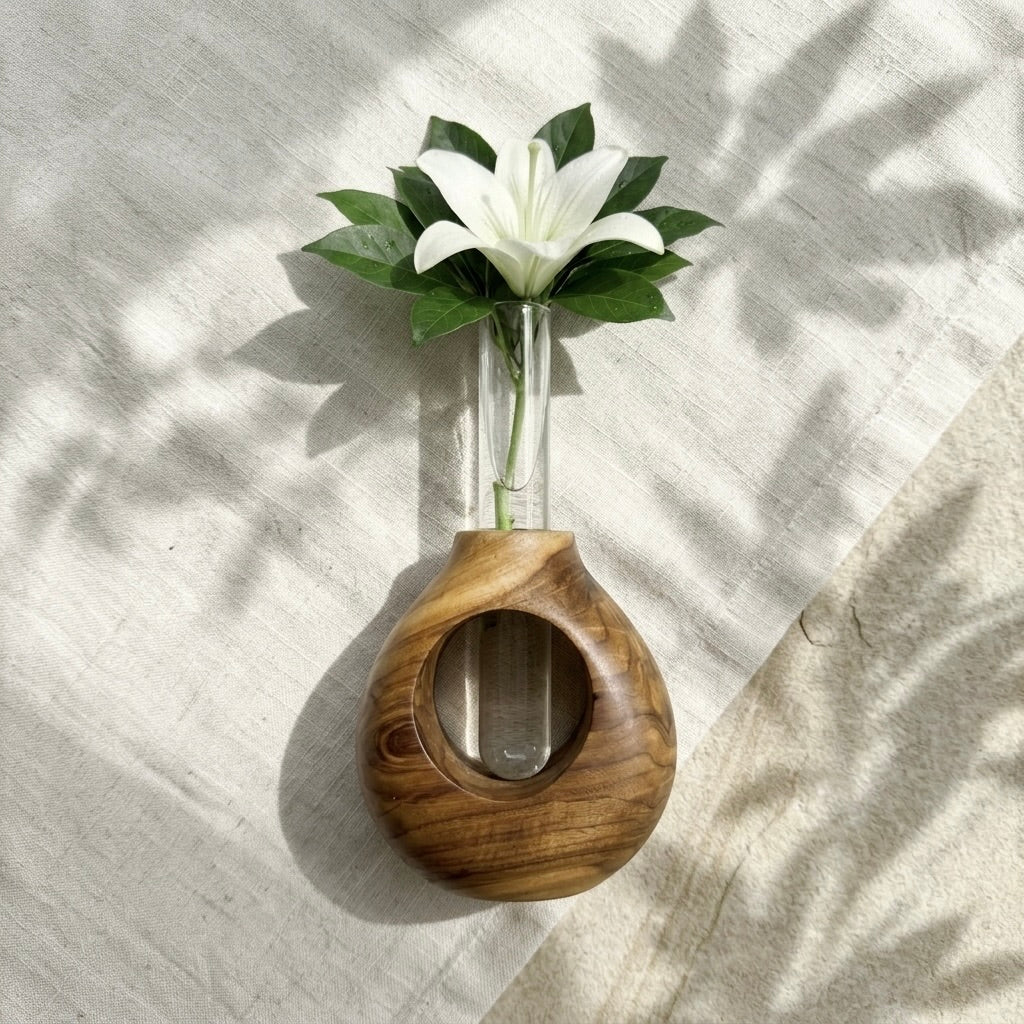 Teak Ring Vase featuring a clear test tube for fresh flowers