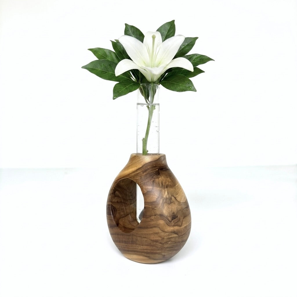 Teak Ring Vase with clear test tube and white flower