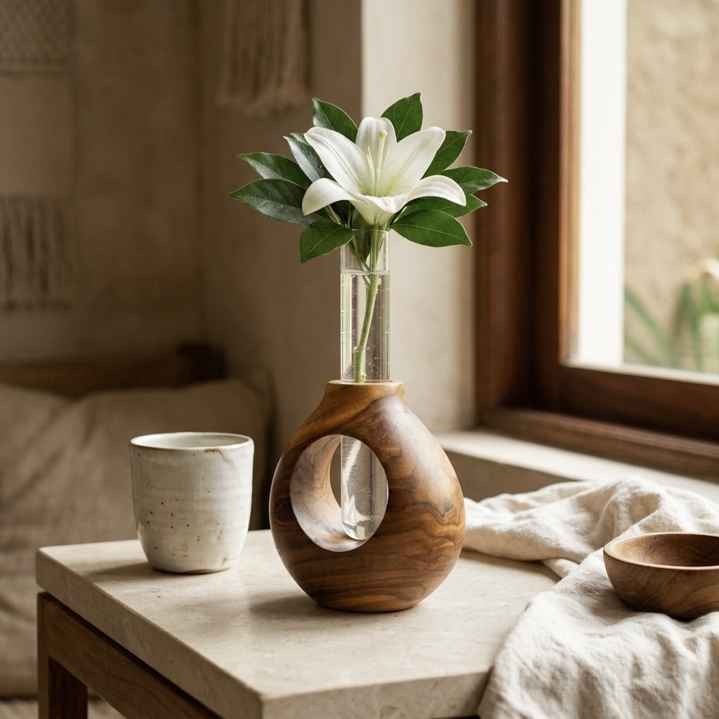 Teak Ring Vase with clear test tube and fresh lilies