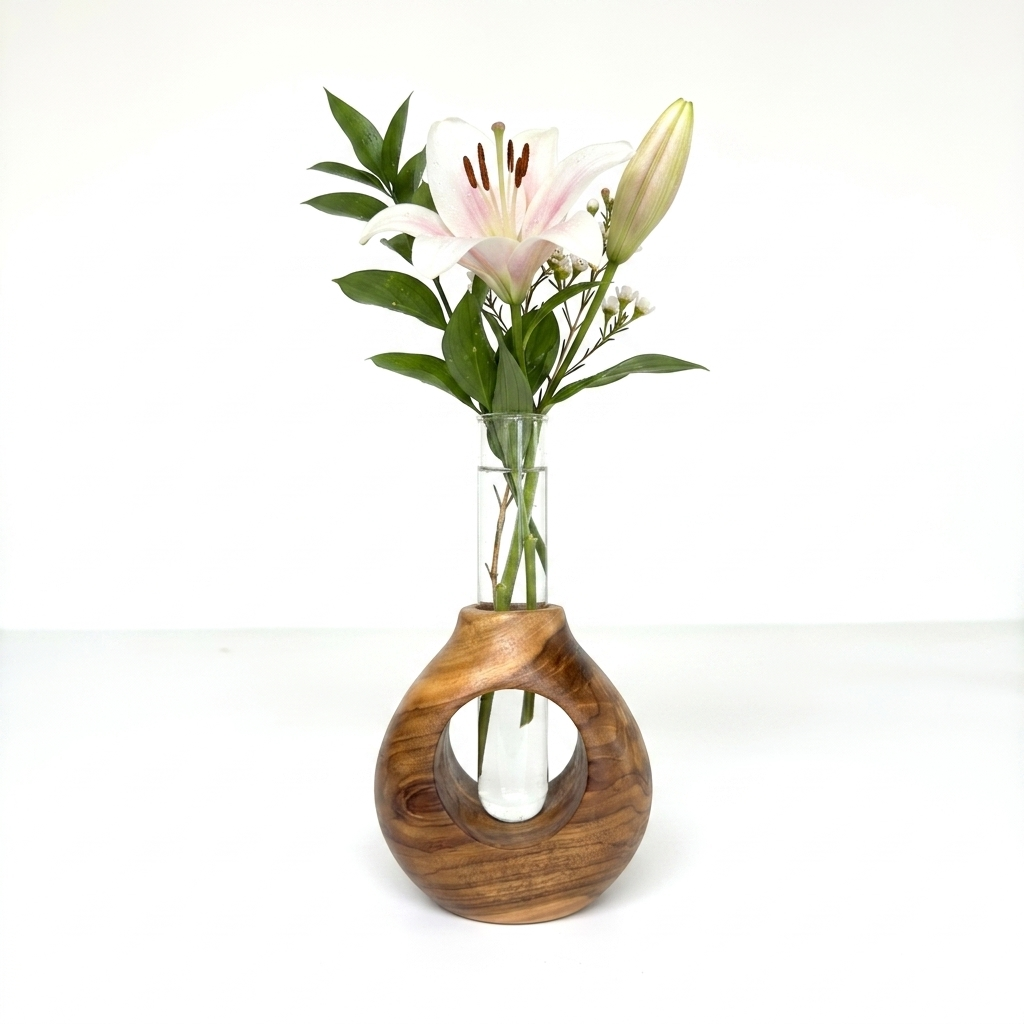 Teak Ring Vase with clear test tube for elegant floral displays