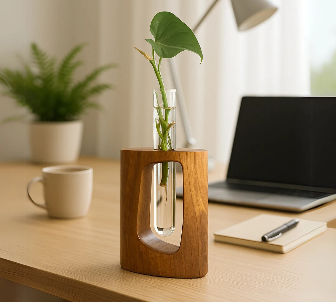 Natural Teak Test Tube Vase from Wood Ceylon on a desk with a plant, perfect for modern decor