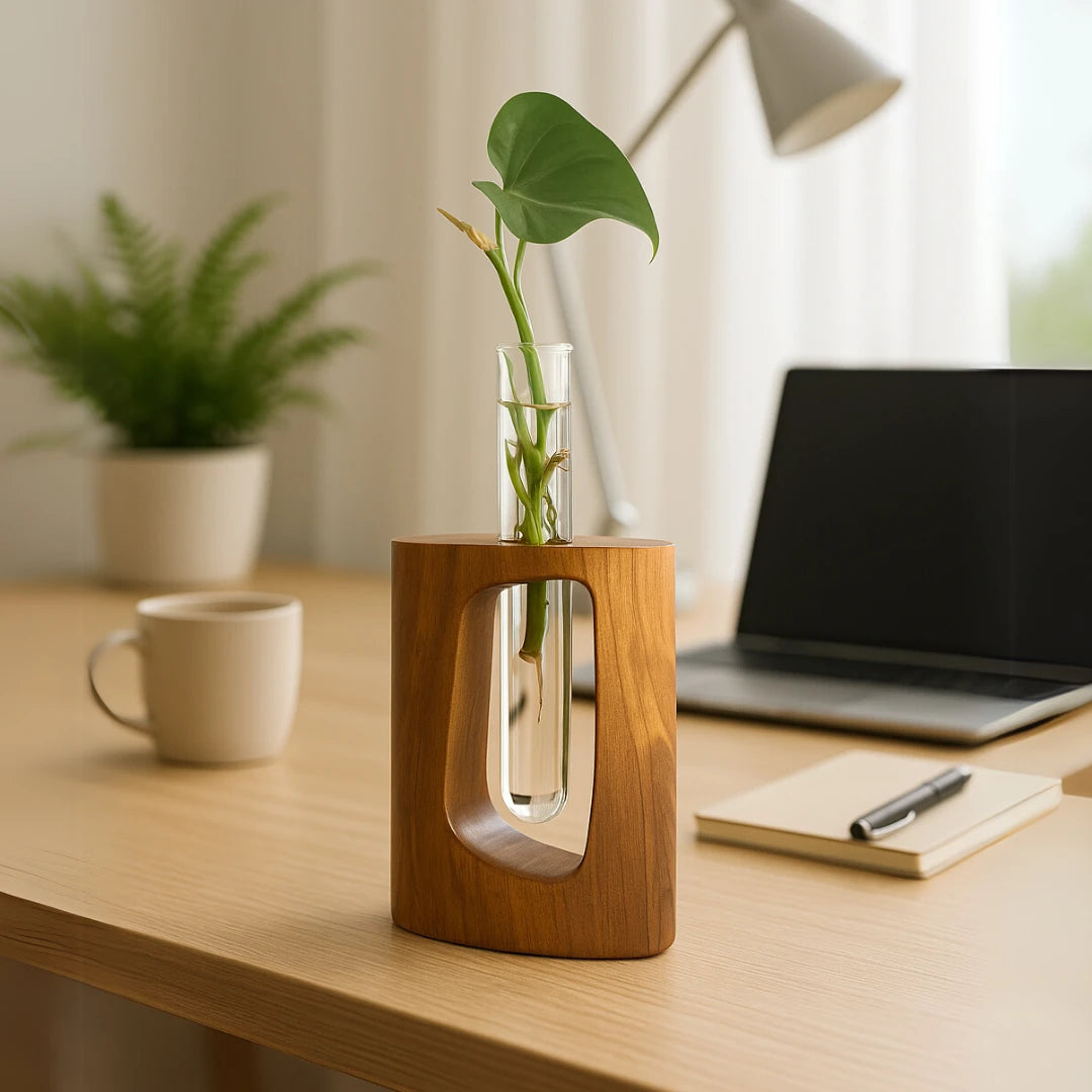 Natural Teak Test Tube Vase from Wood Ceylon on a desk with a plant, perfect for modern decor