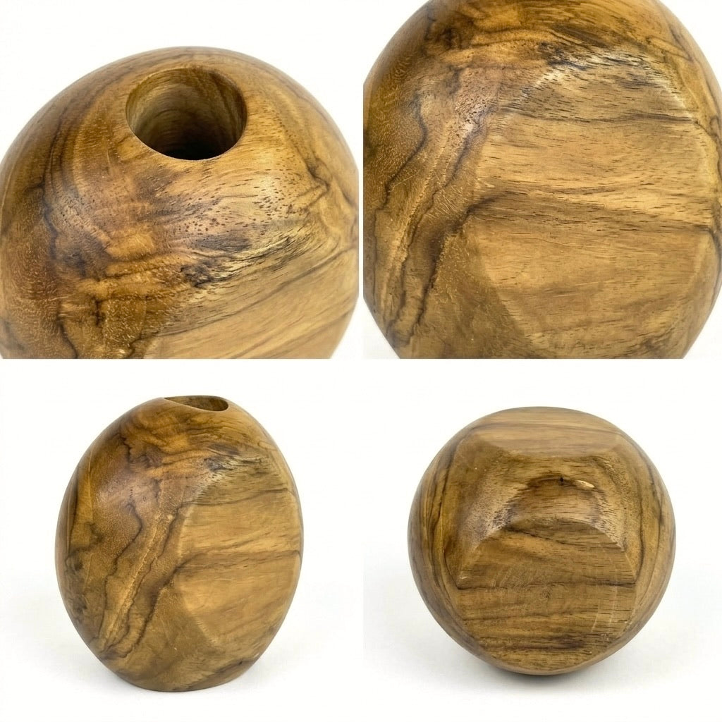 Round Teak Vase in warm brown wood, perfect for flowers