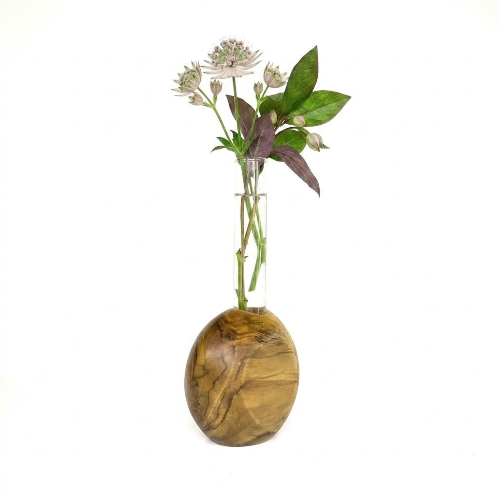 Round Teak Vase with Glass Test Tube for Floral Arrangements