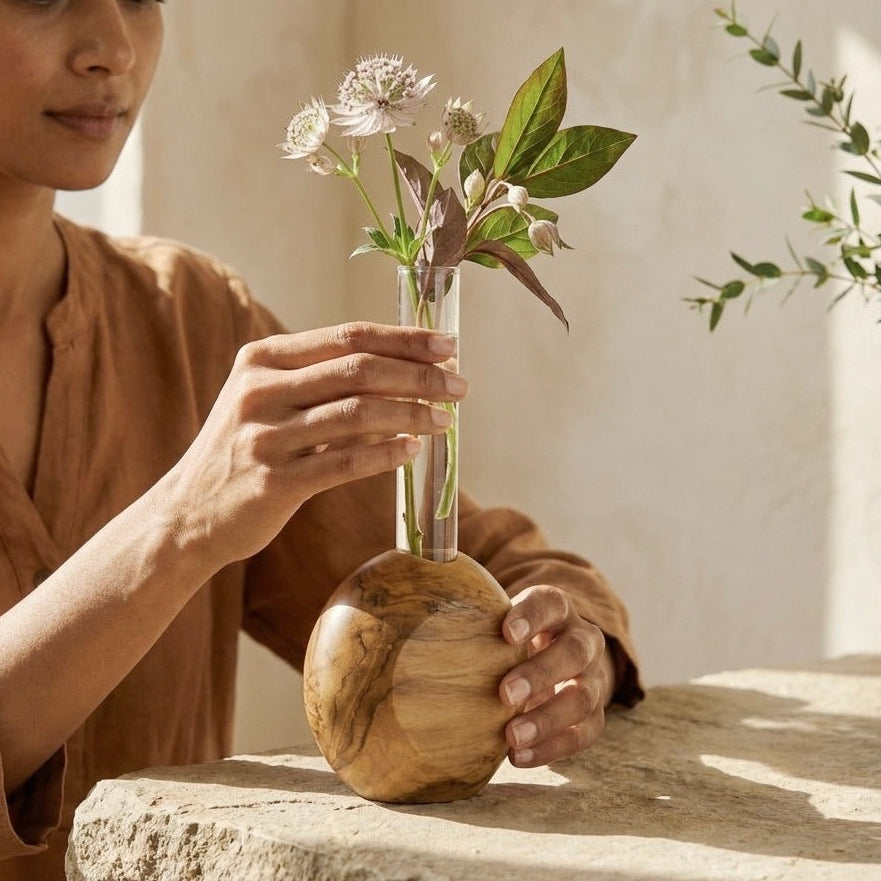 Round Teak Vase Made of Natural Wood for Floral Arrangements