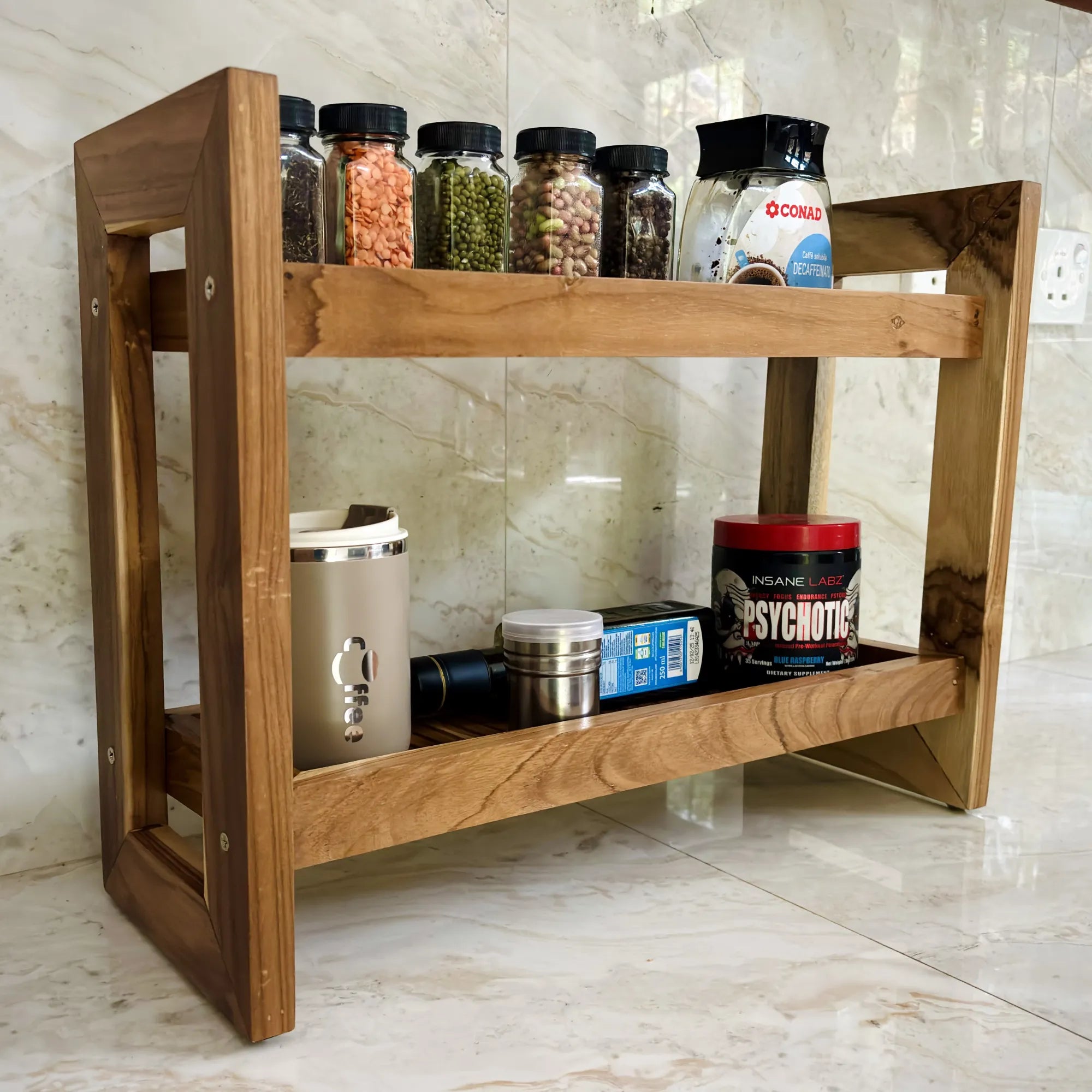 Teak wood countertop spice rack with two shelves for organizing spices and kitchen essentials