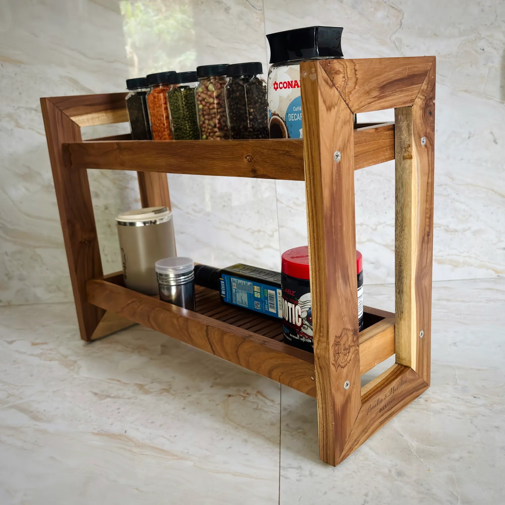 Teak wood countertop spice rack with two shelves for storing spices and jars elegantly
