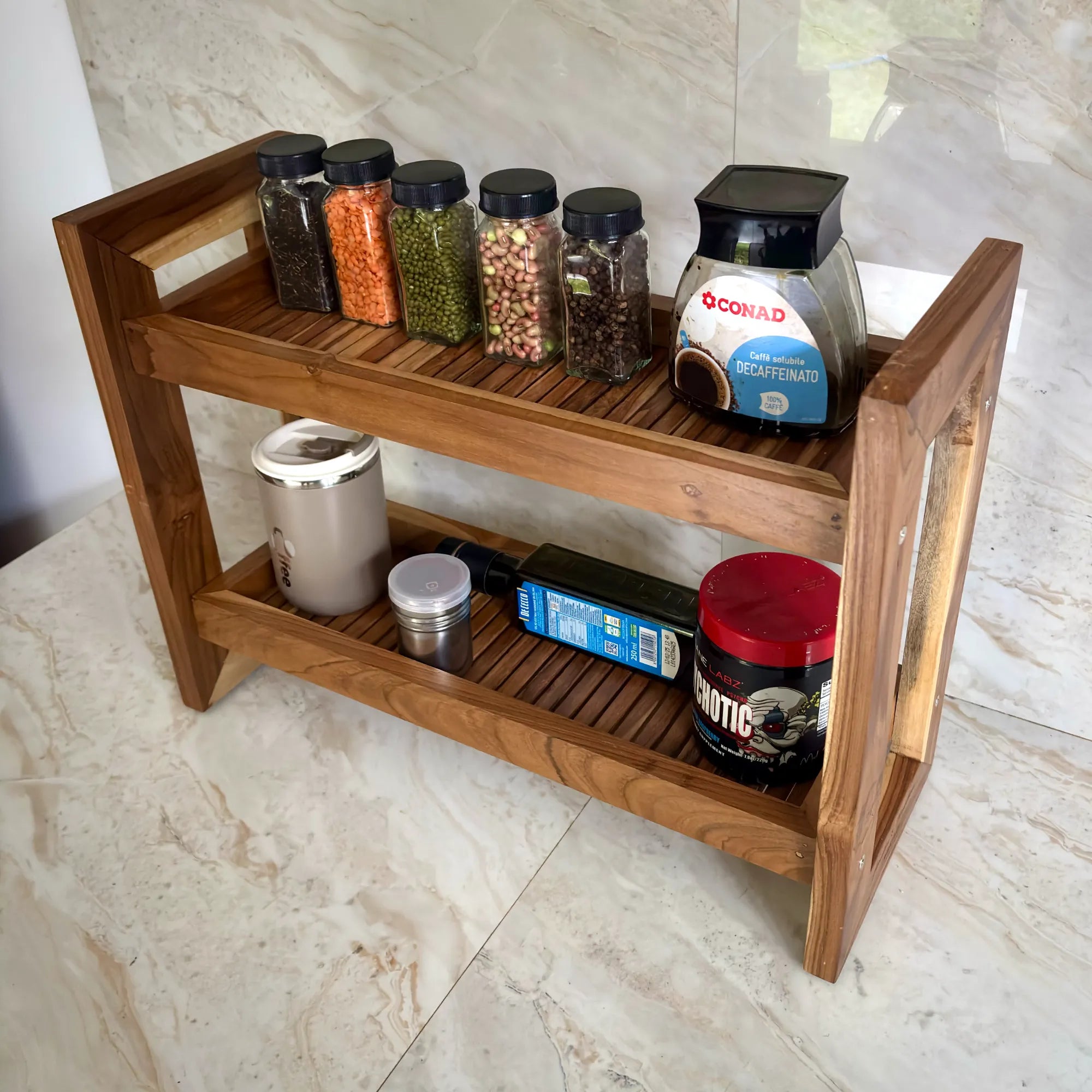 Teak wood countertop spice rack with multiple shelves for spice jars and storage containers