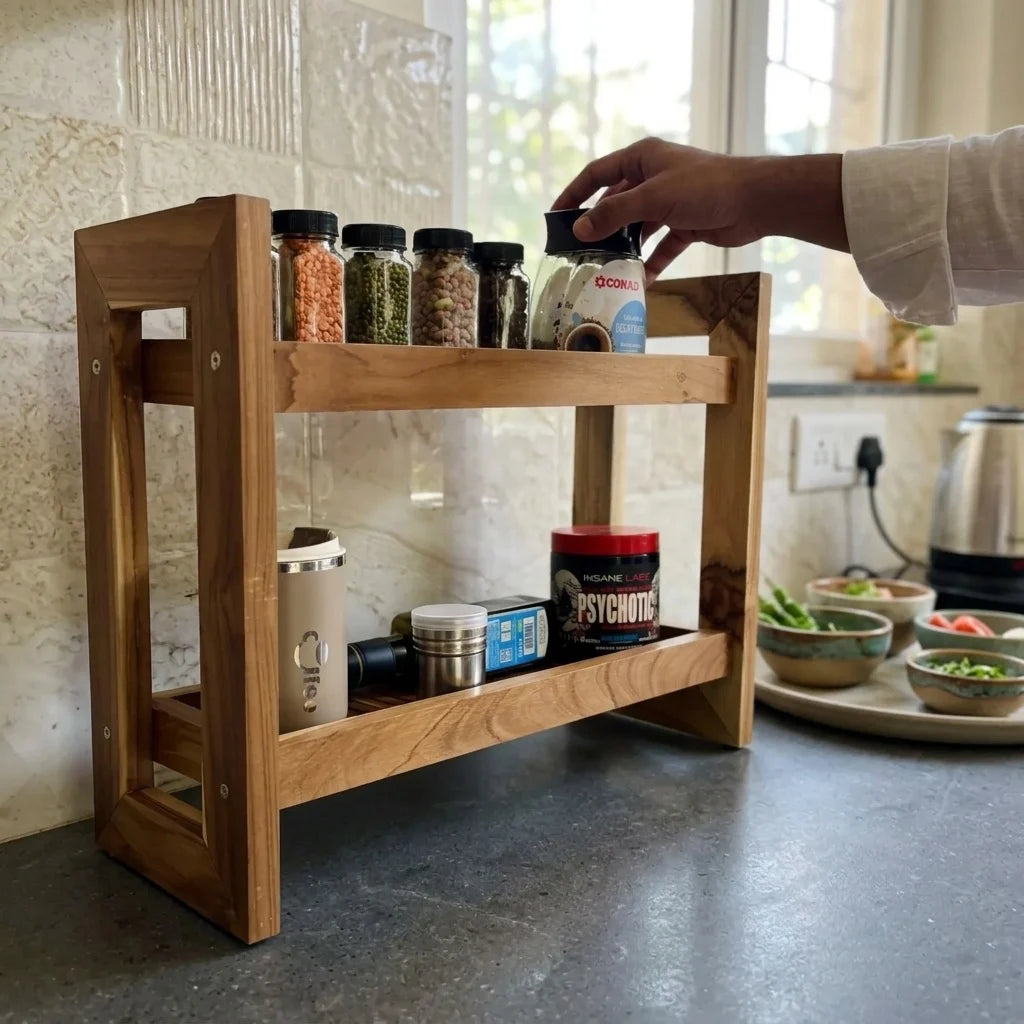 Teak wood countertop spice rack for organizing spices and jars
