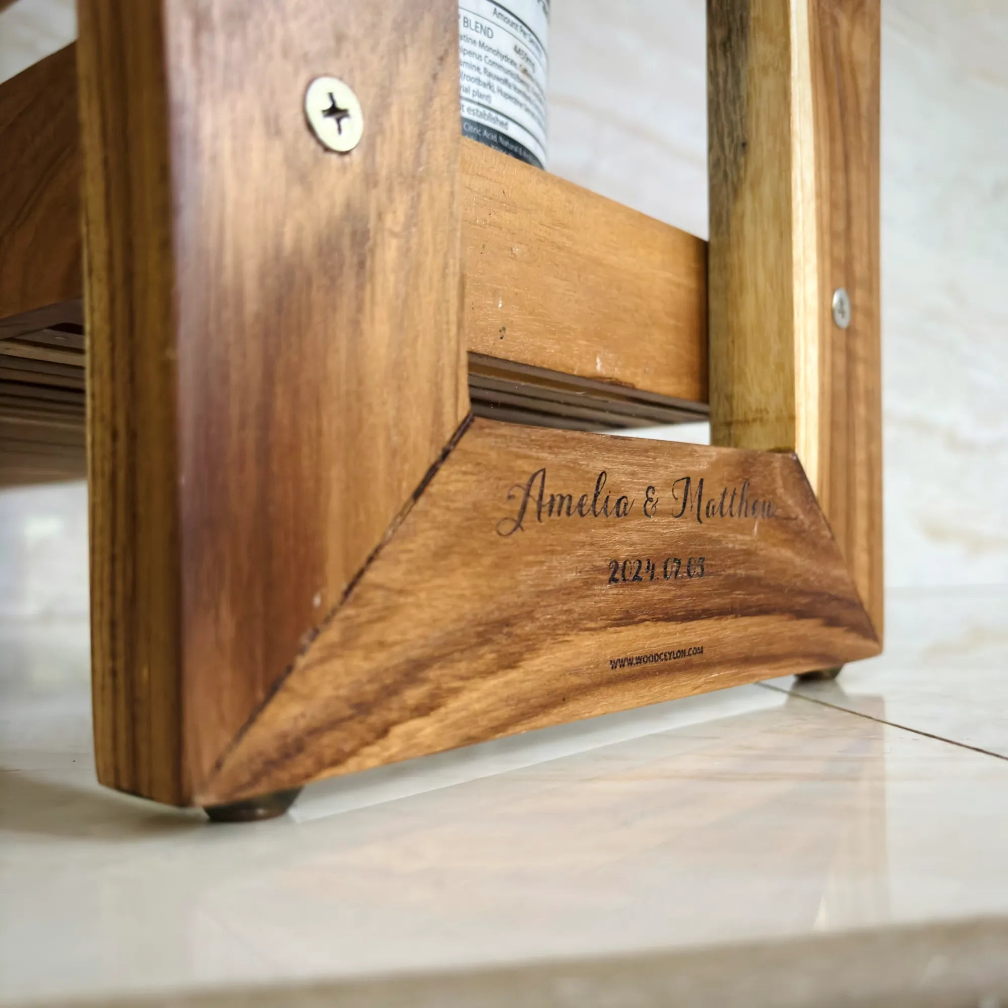 Teak wood countertop spice rack with engraved personalization and natural finish