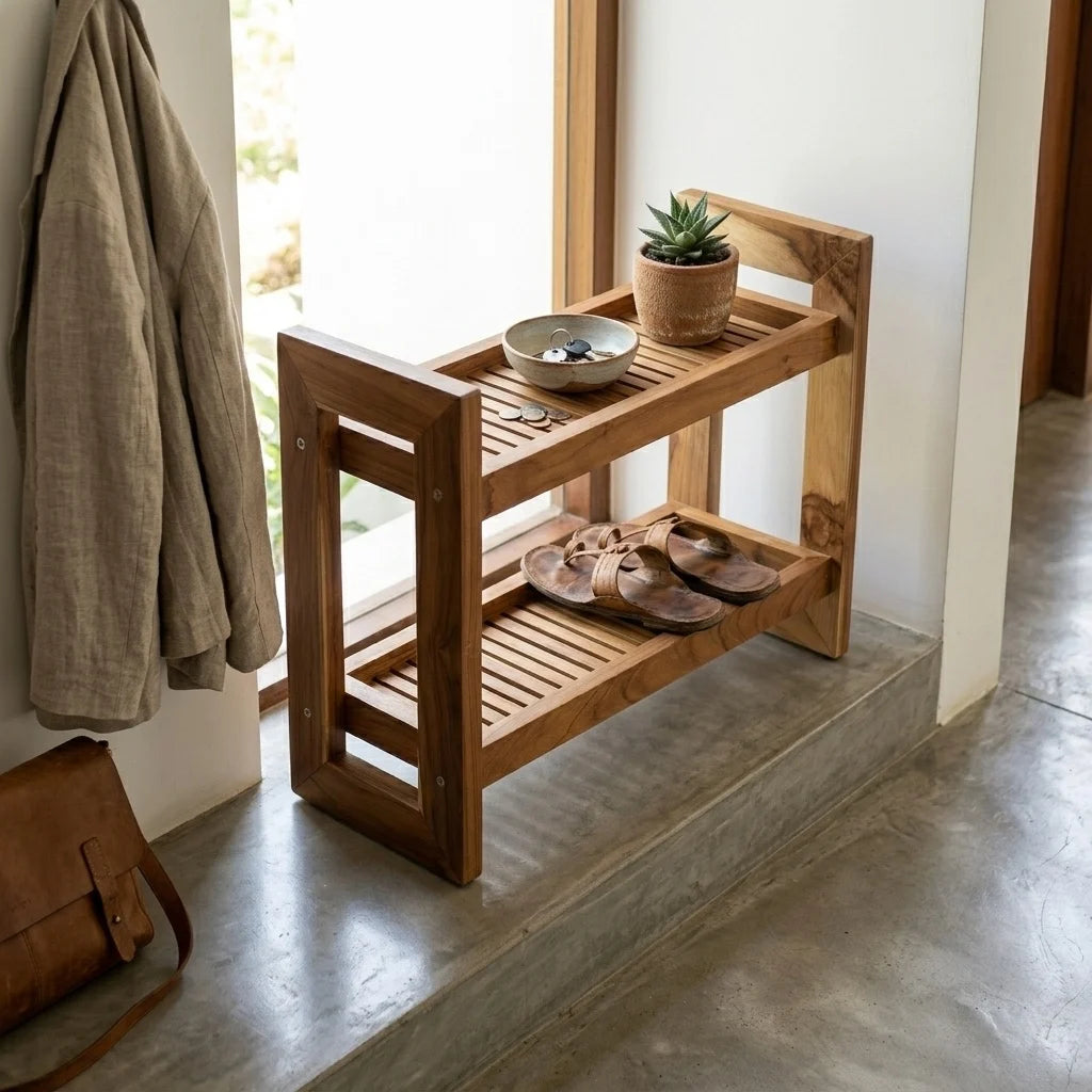 Teak wood countertop spice rack in natural finish for kitchen organization