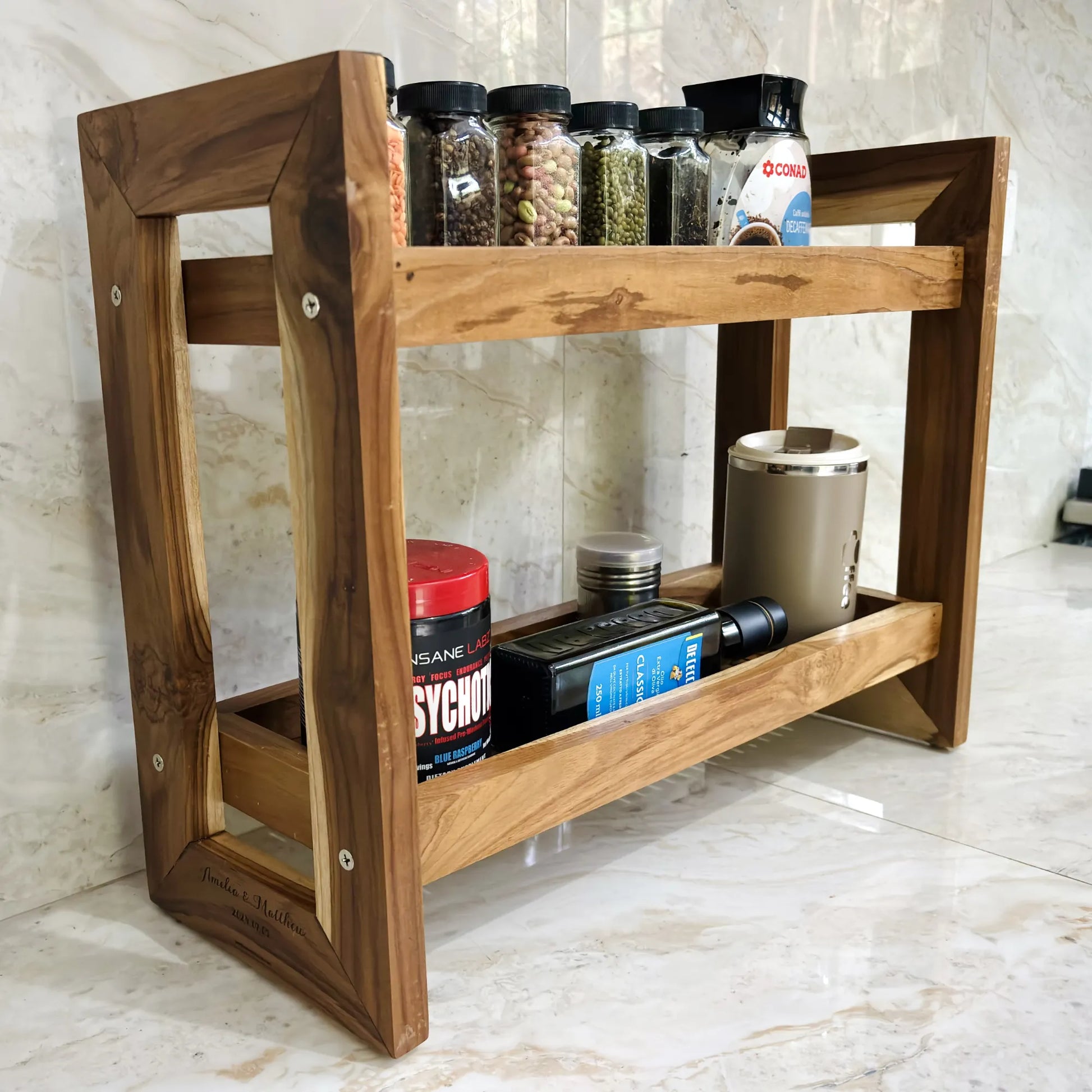 Teak wood countertop spice rack featuring two shelves for organized spice storage