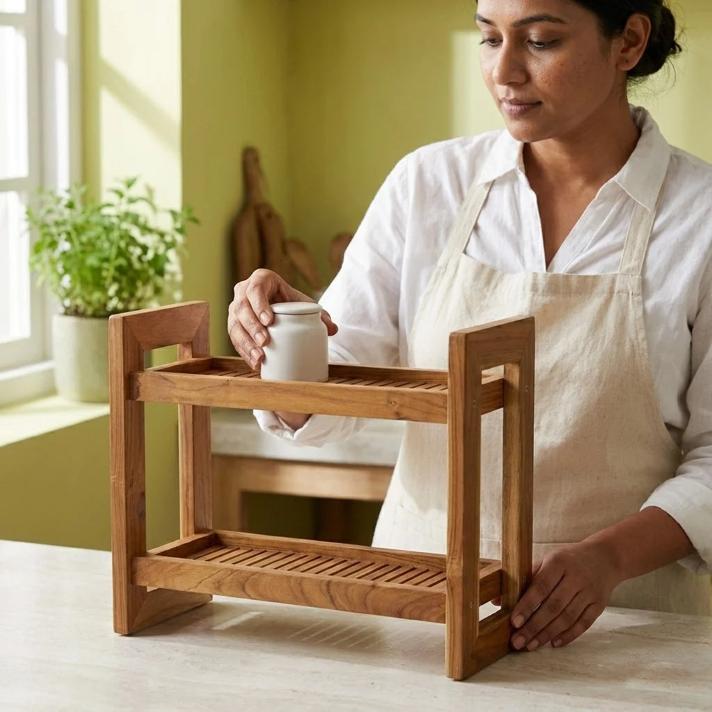 Teak wood countertop spice rack in natural finish, ideal for kitchen organization
