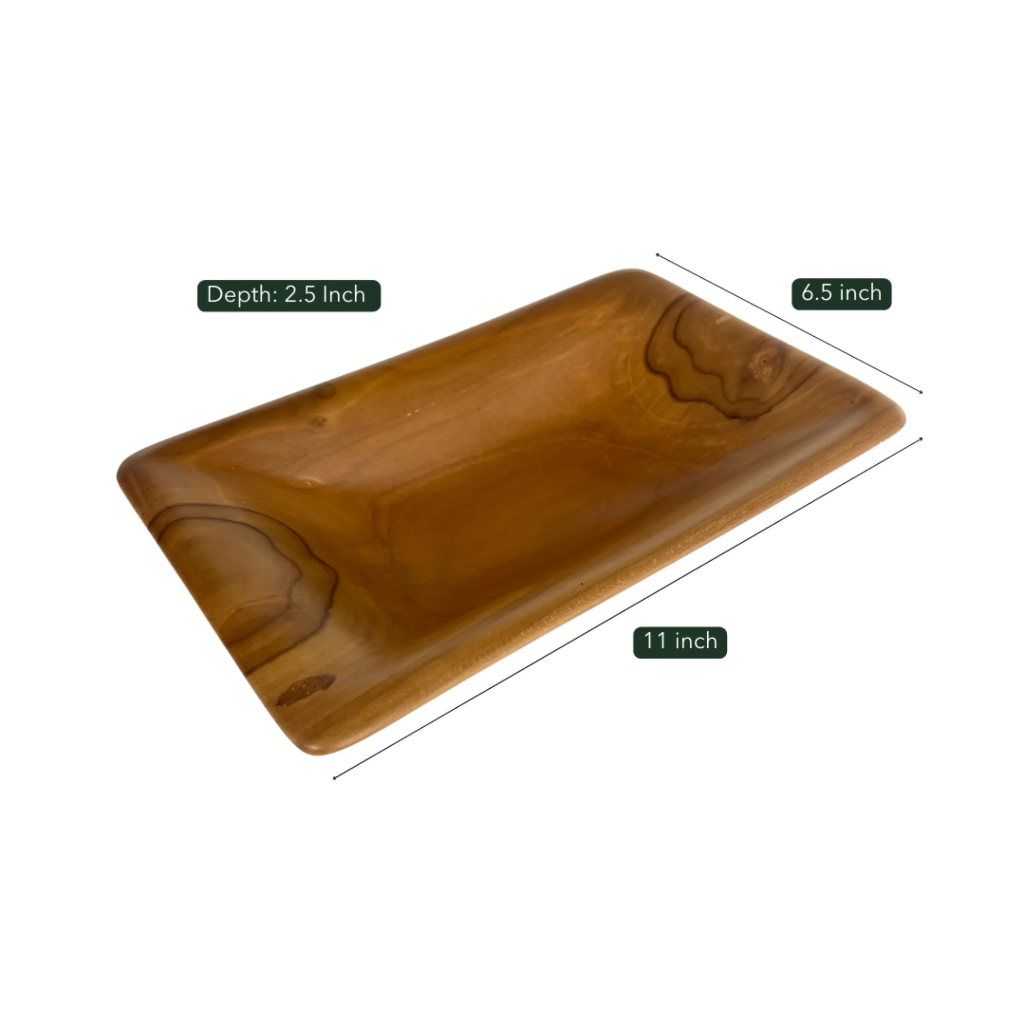 Handcrafted teak wood serving bowl measuring 11x6.5 inches with a 2.5 inch depth