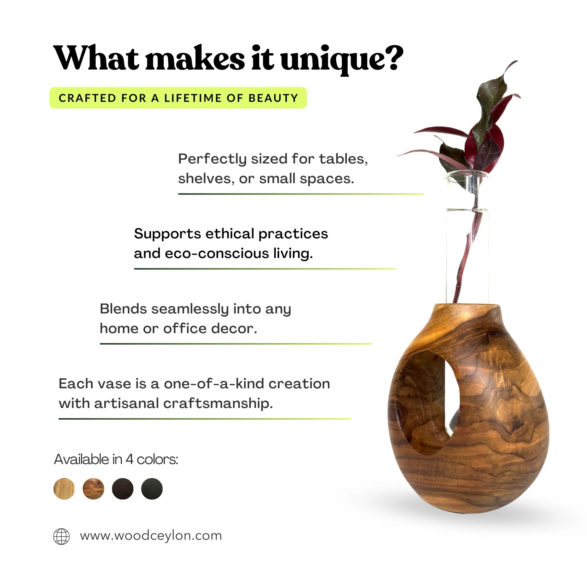Teak wood test tube vase designed for small spaces, showcasing eco-friendly craftsmanship and unique styles