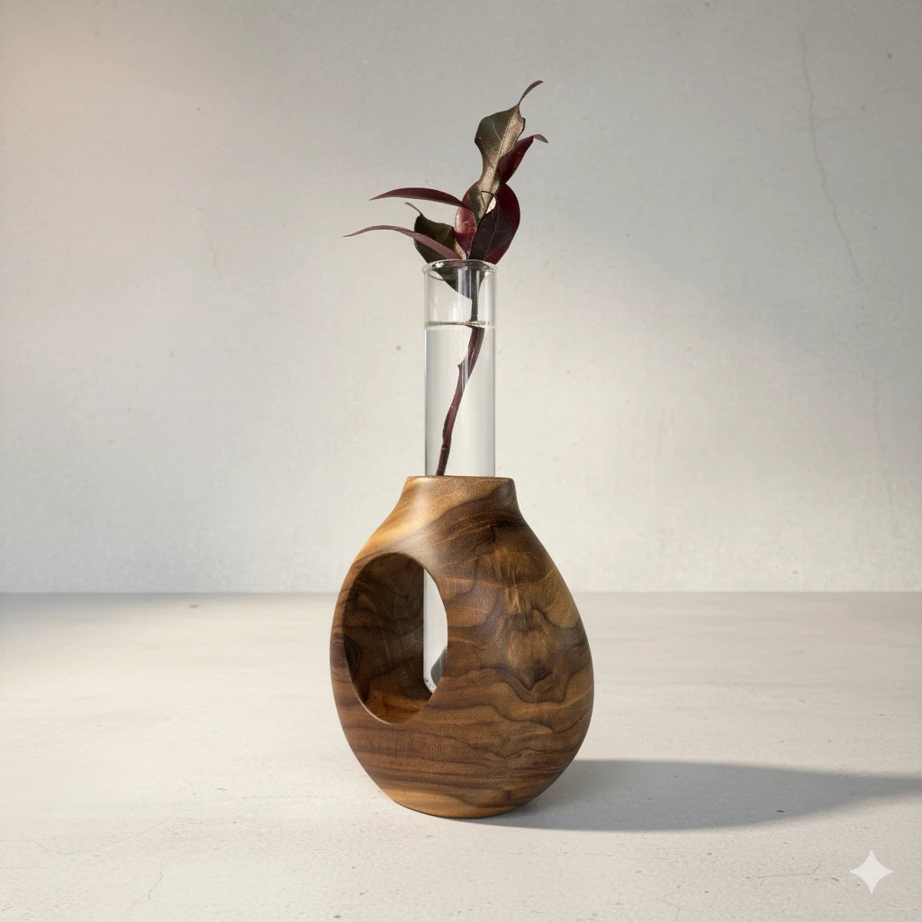 Teak wood test tube vase featuring a unique design with a glass test tube for flowers