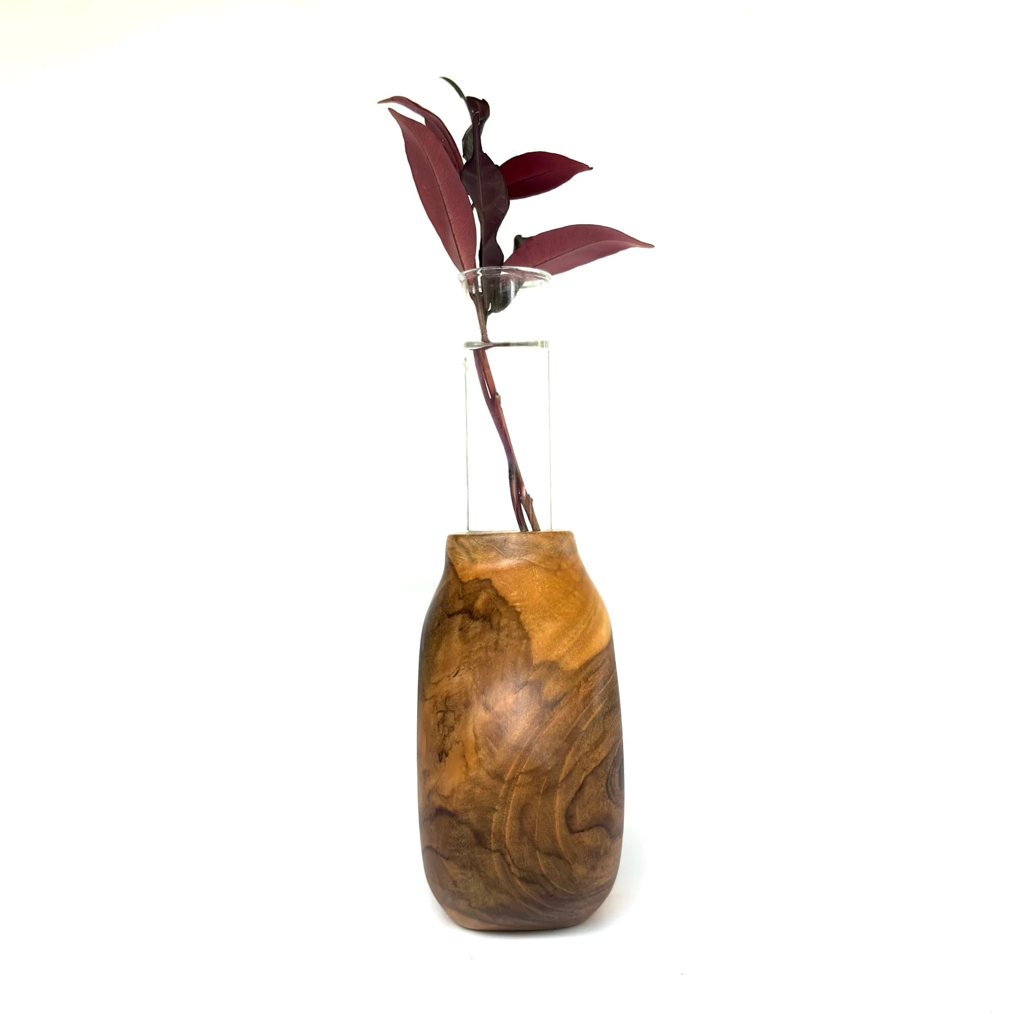 Teak wood test tube vase featuring a sleek design and a glass test tube for displaying flowers