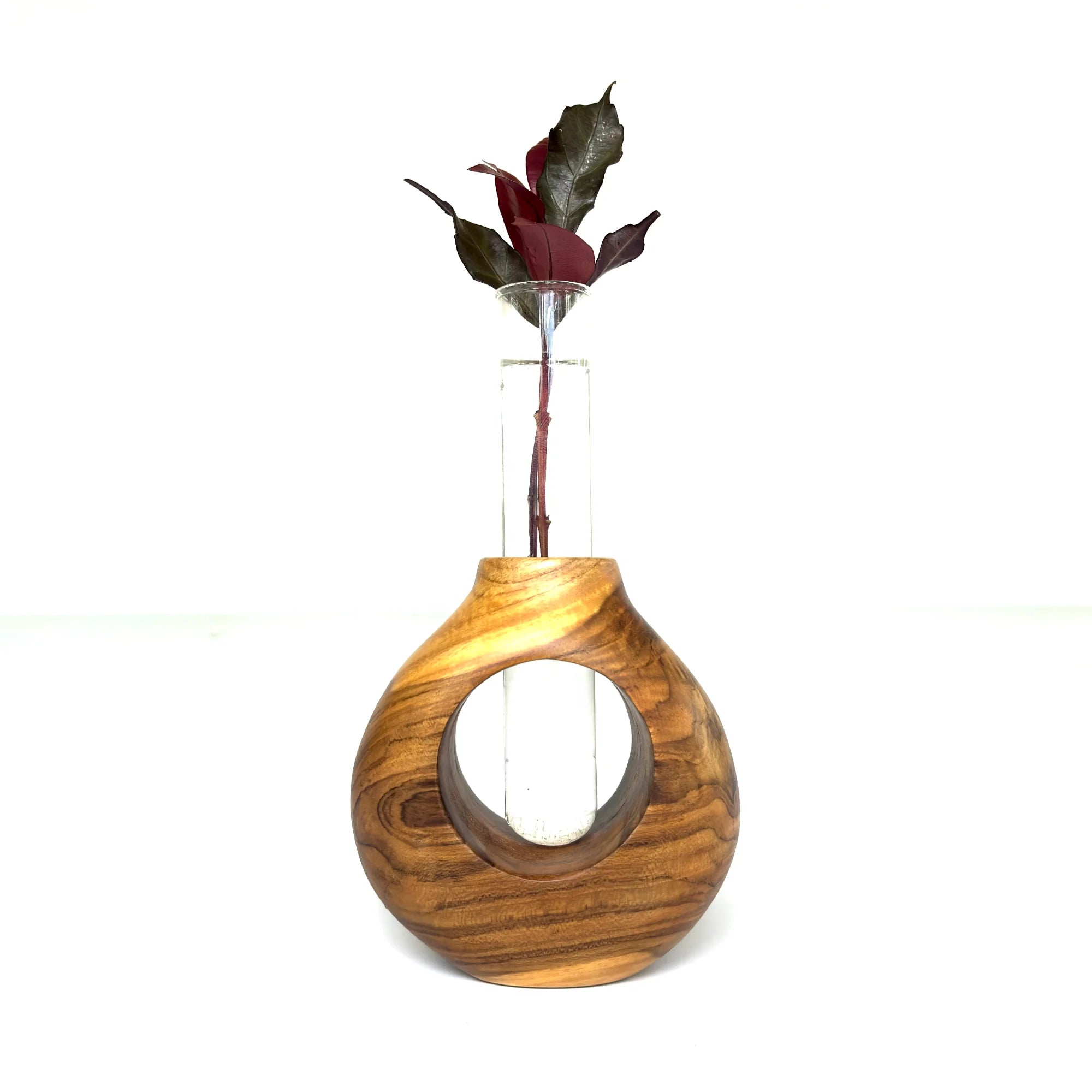Teak wood test tube vase featuring a unique design and a glass tube for showcasing flowers