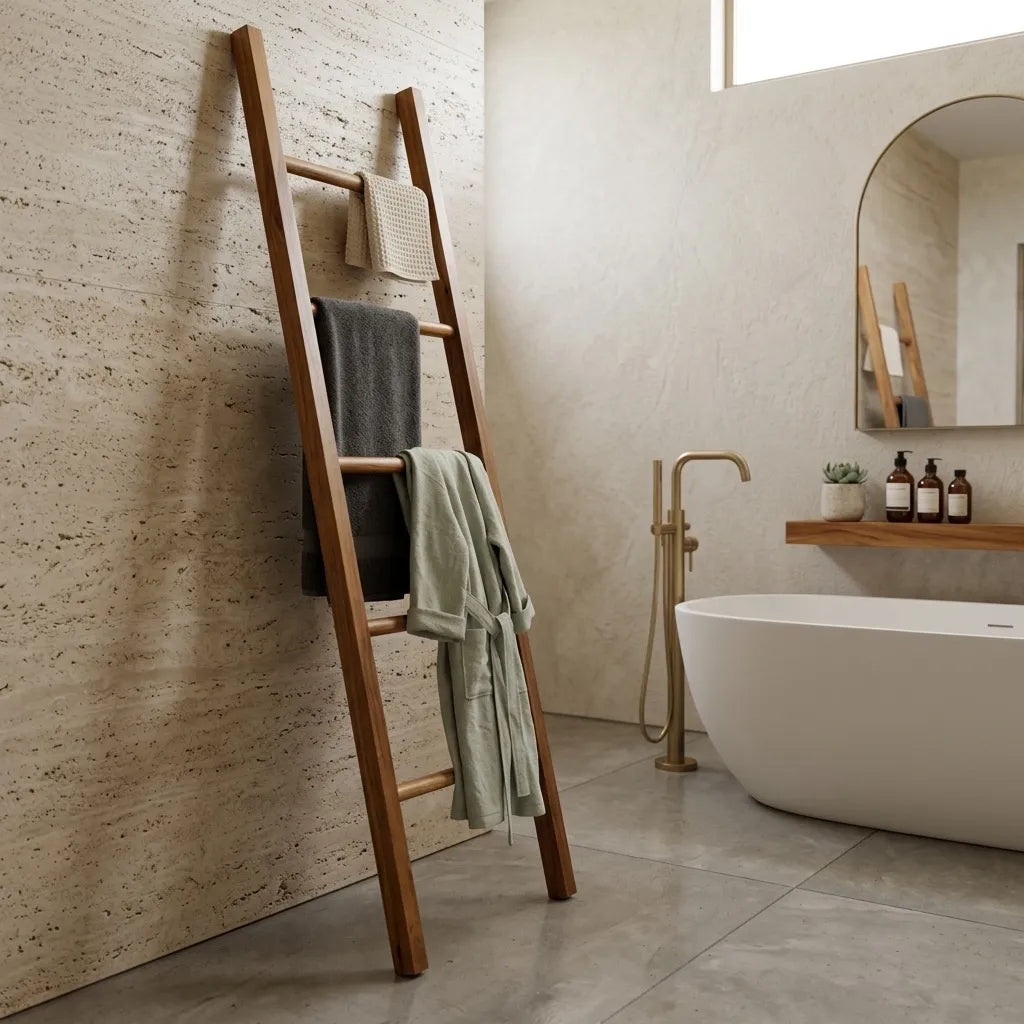 Teak towel ladder rack in natural finish, perfect for hanging towels