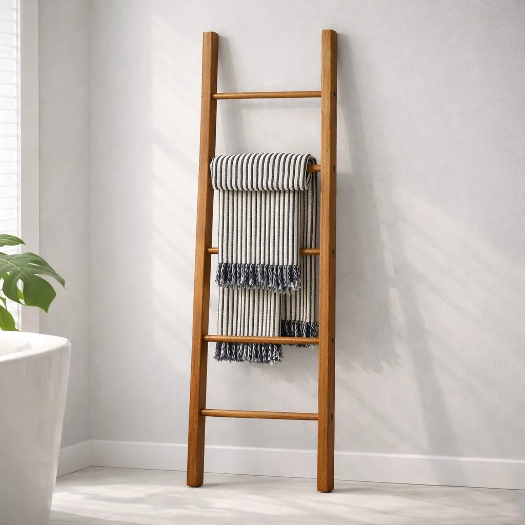 Teak towel ladder rack in natural finish for stylish storage