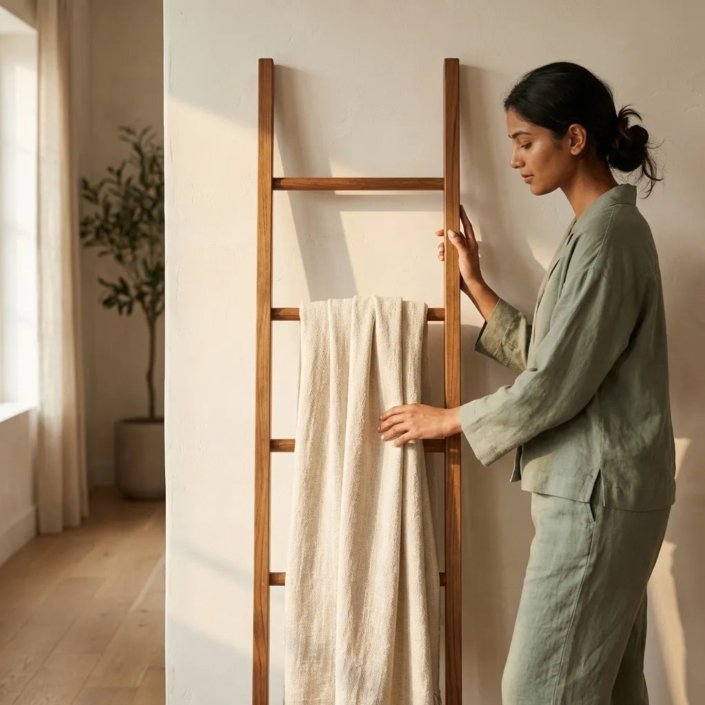 Teak towel ladder rack in natural finish for elegant bathroom storage