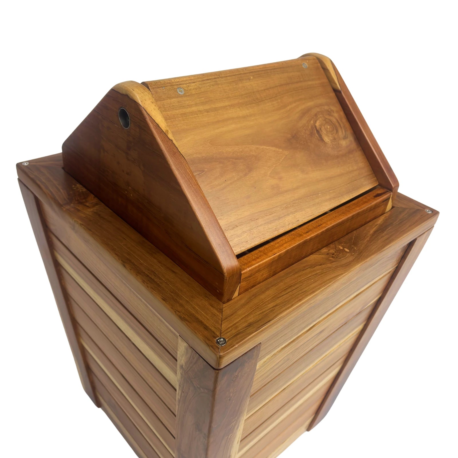 Wood Ceylon wooden trash can with swing top lid featuring a smooth natural finish