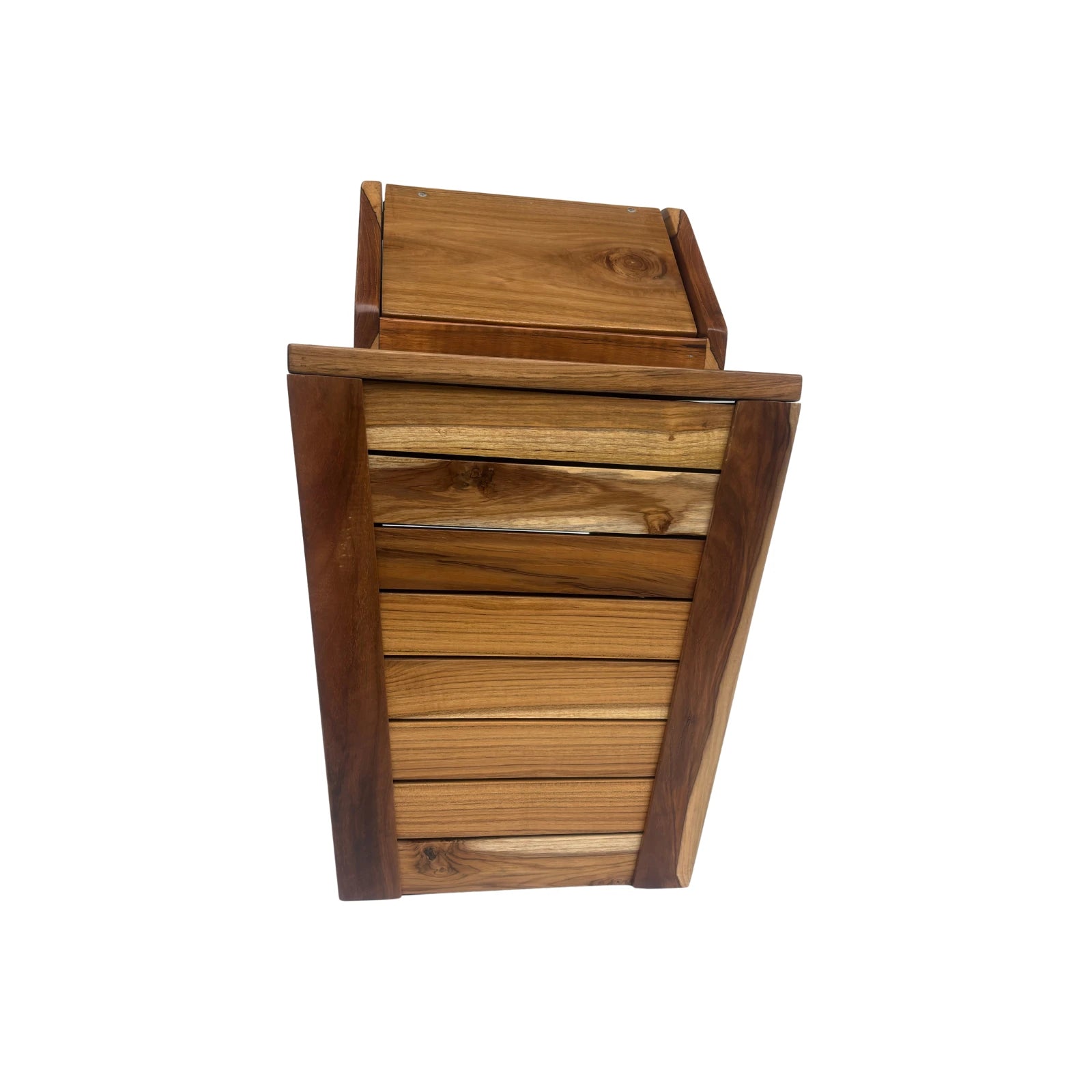 Wooden trash can with swing top lid made by Wood Ceylon featuring natural wood finish