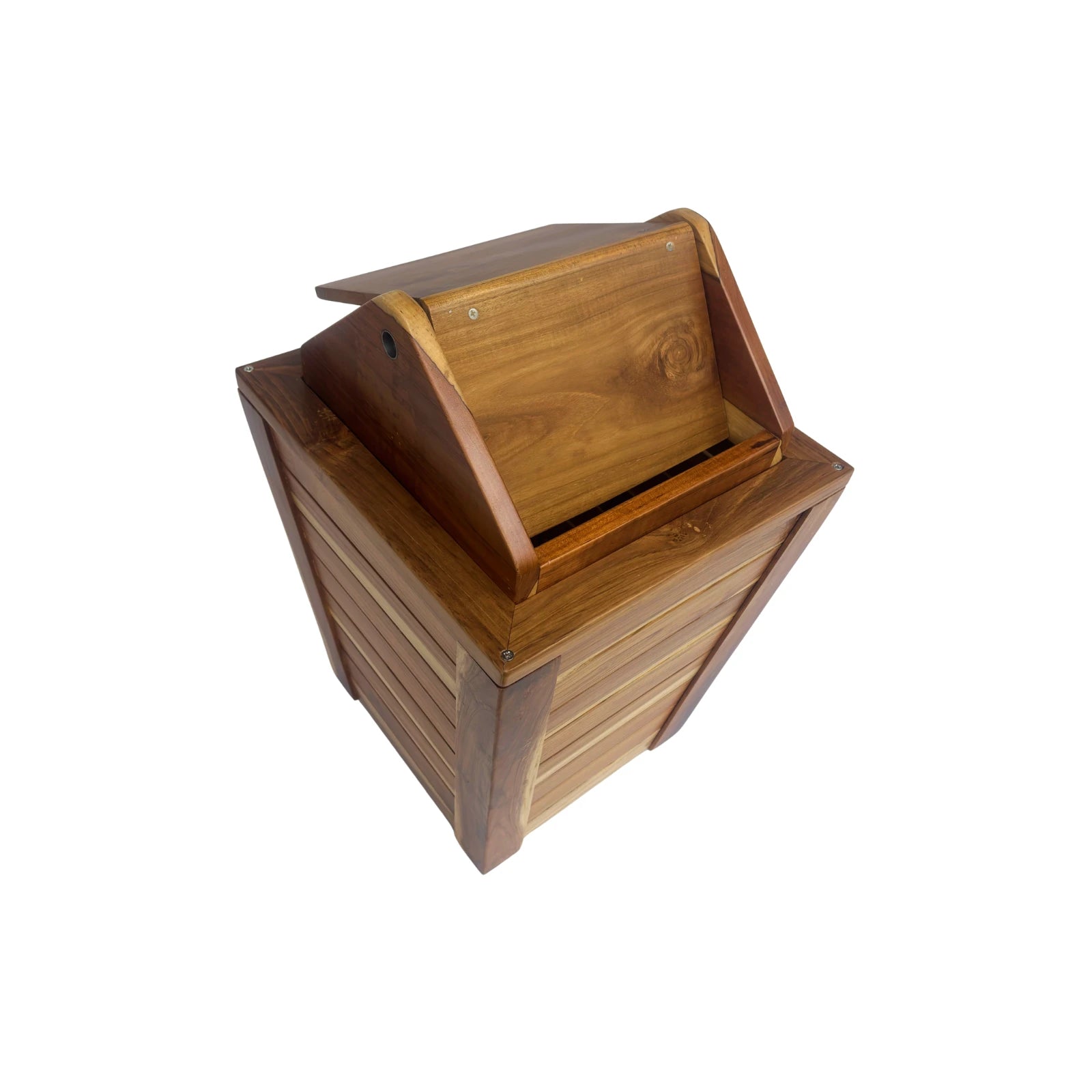 Wood Ceylon trash can with swing top lid made of natural wood for home or office use