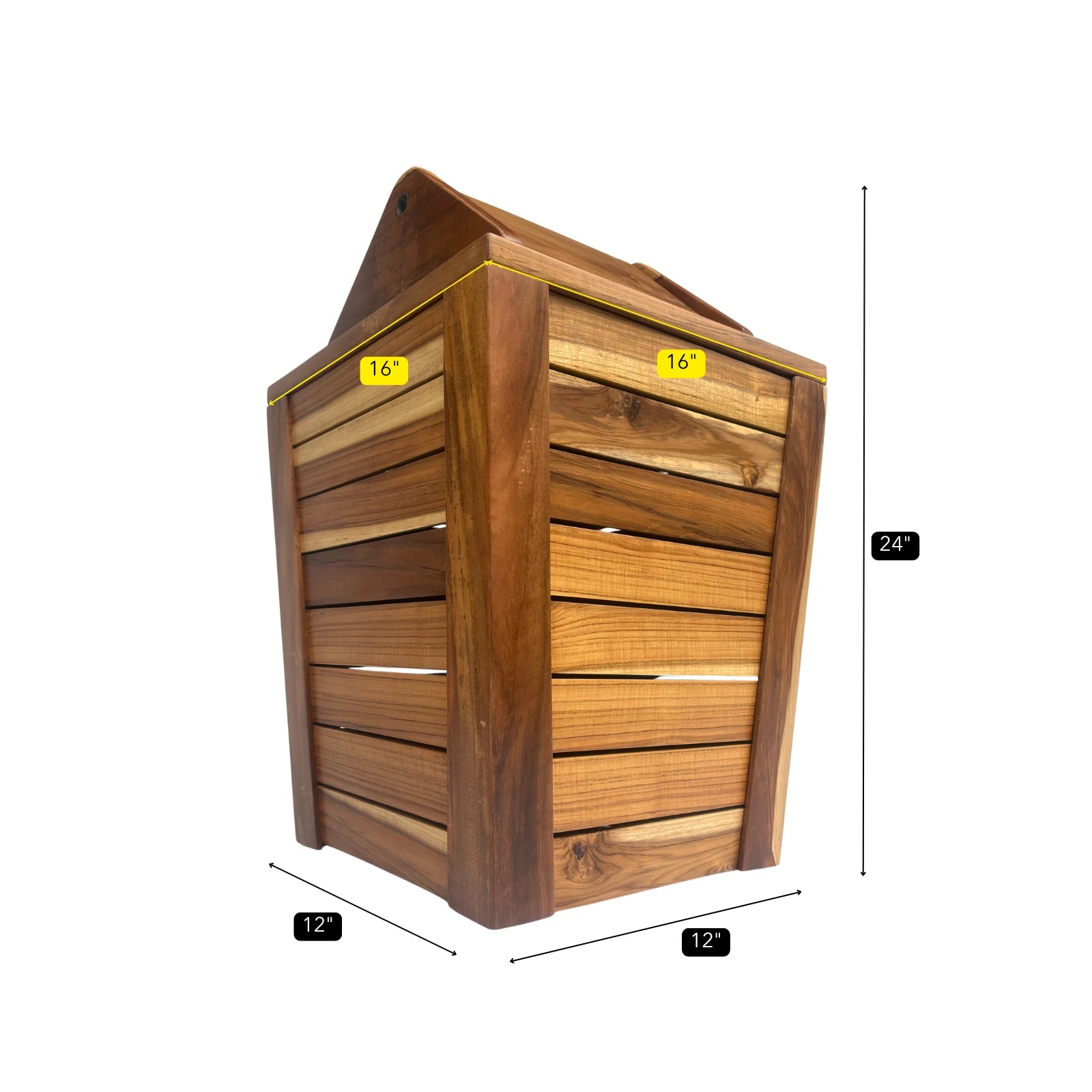 Wood Ceylon trash can with swing top lid made of natural wood measuring 16 by 16 by 24 inches