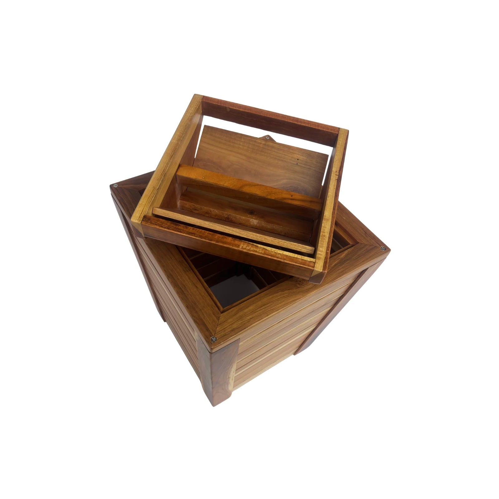 Wood Ceylon wooden trash can with swing top lid made of natural wood panels