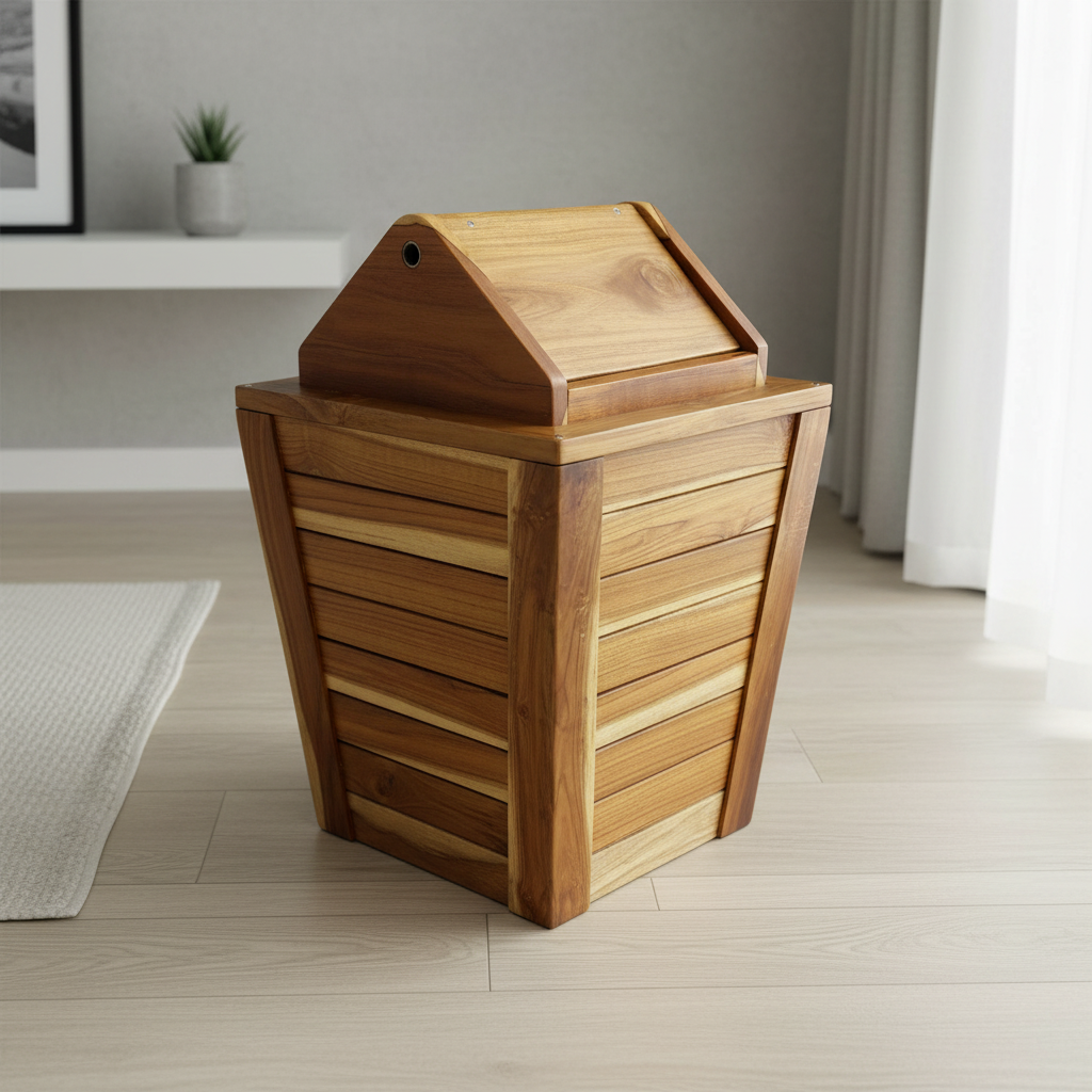 Teak wood trash can with swing top lid