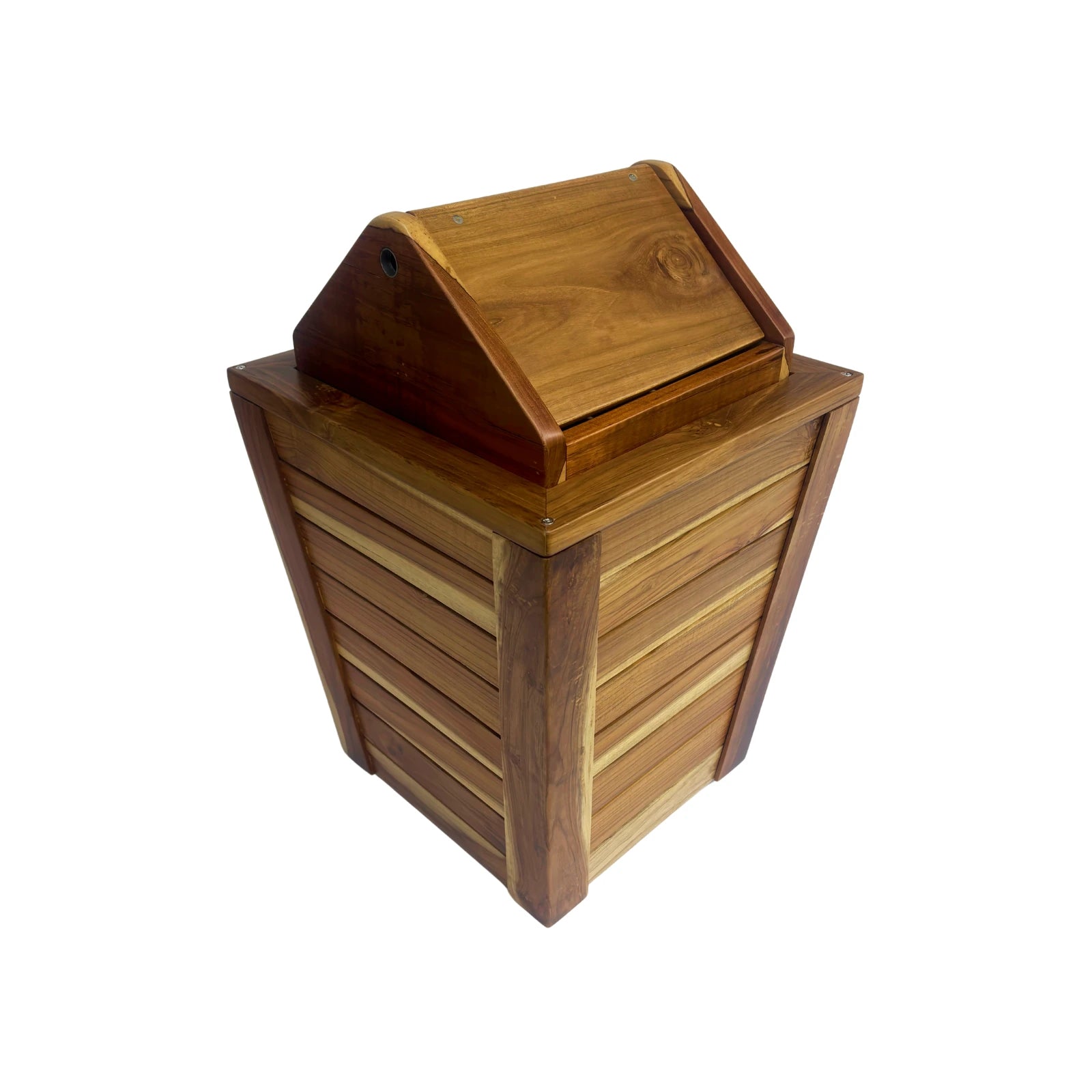 Wood Ceylon wooden trash can with swing top lid featuring slatted design and natural finish