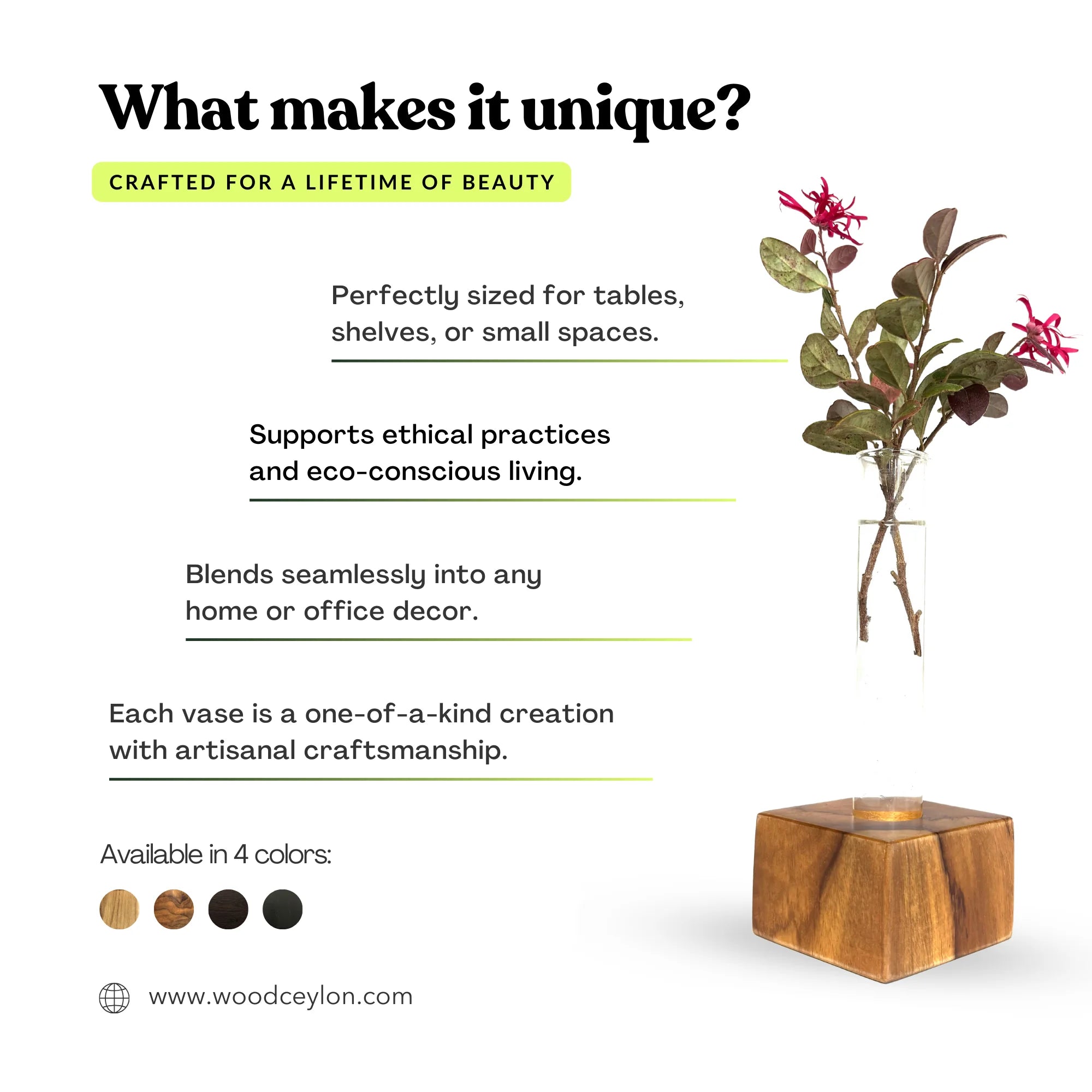 Unique simple test tube vase made from artisanal wood, perfect for eco-conscious decor