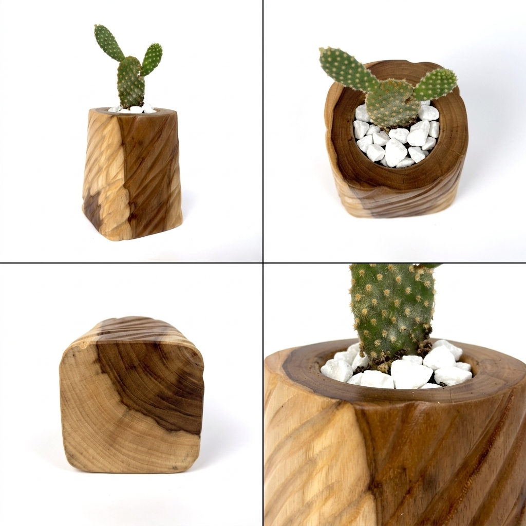 Teak wood succulent planter with natural finish and cactus