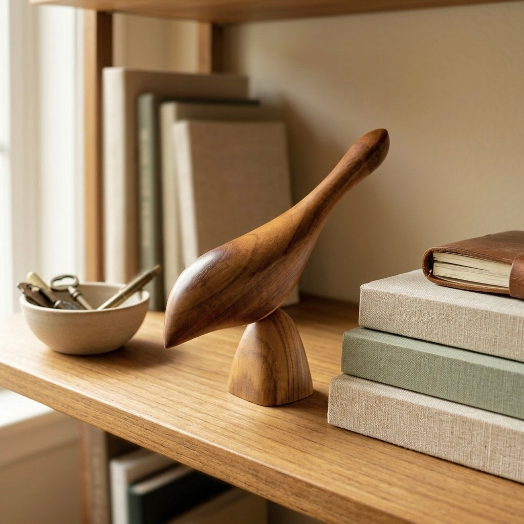 Wood bird sculpture in teak displaying natural wood finish